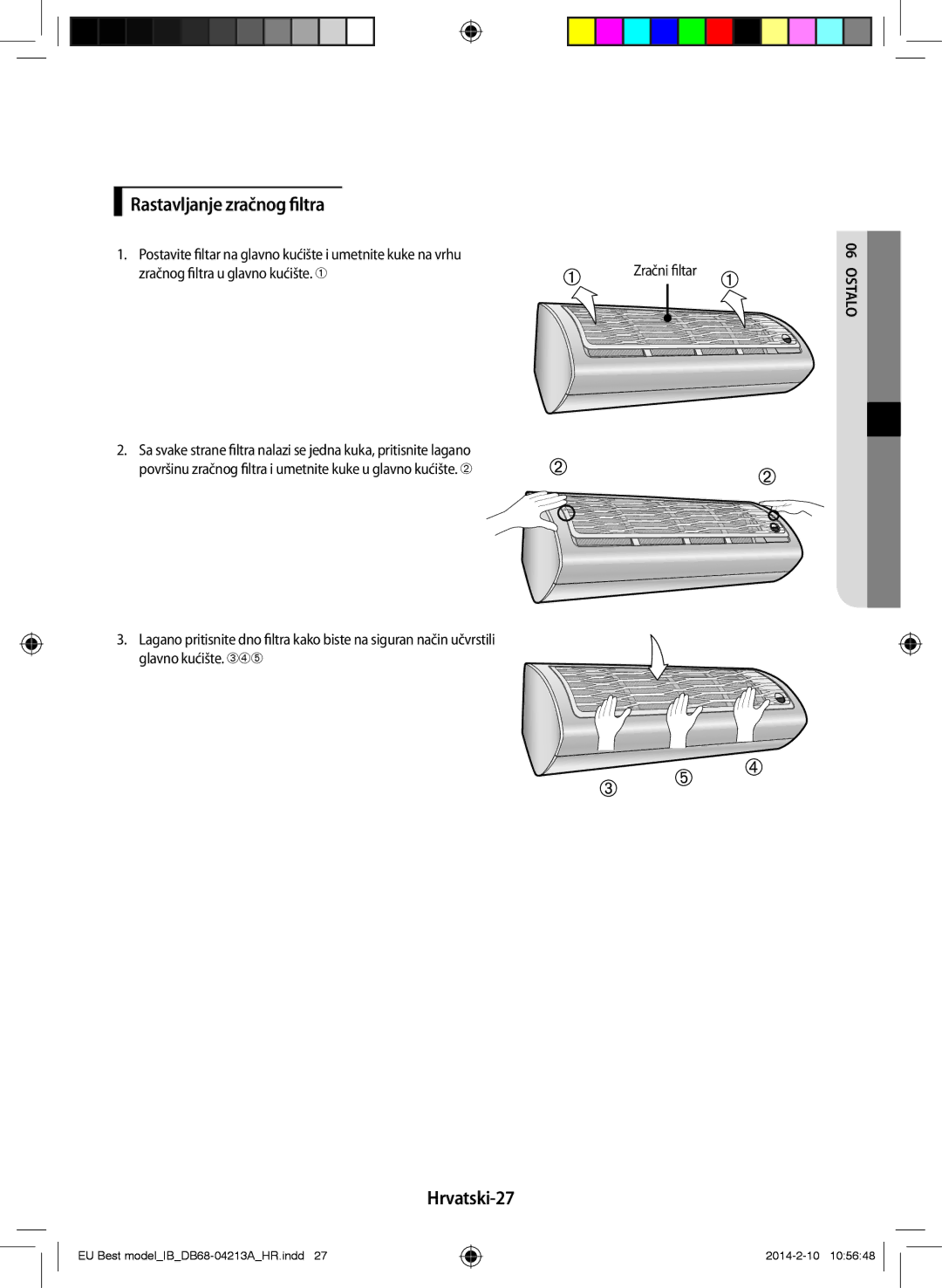 Samsung AR12HSSFBWKNEU, AR09HSSFBWKNEU manual Rastavljanje zračnog filtra, Hrvatski-27 