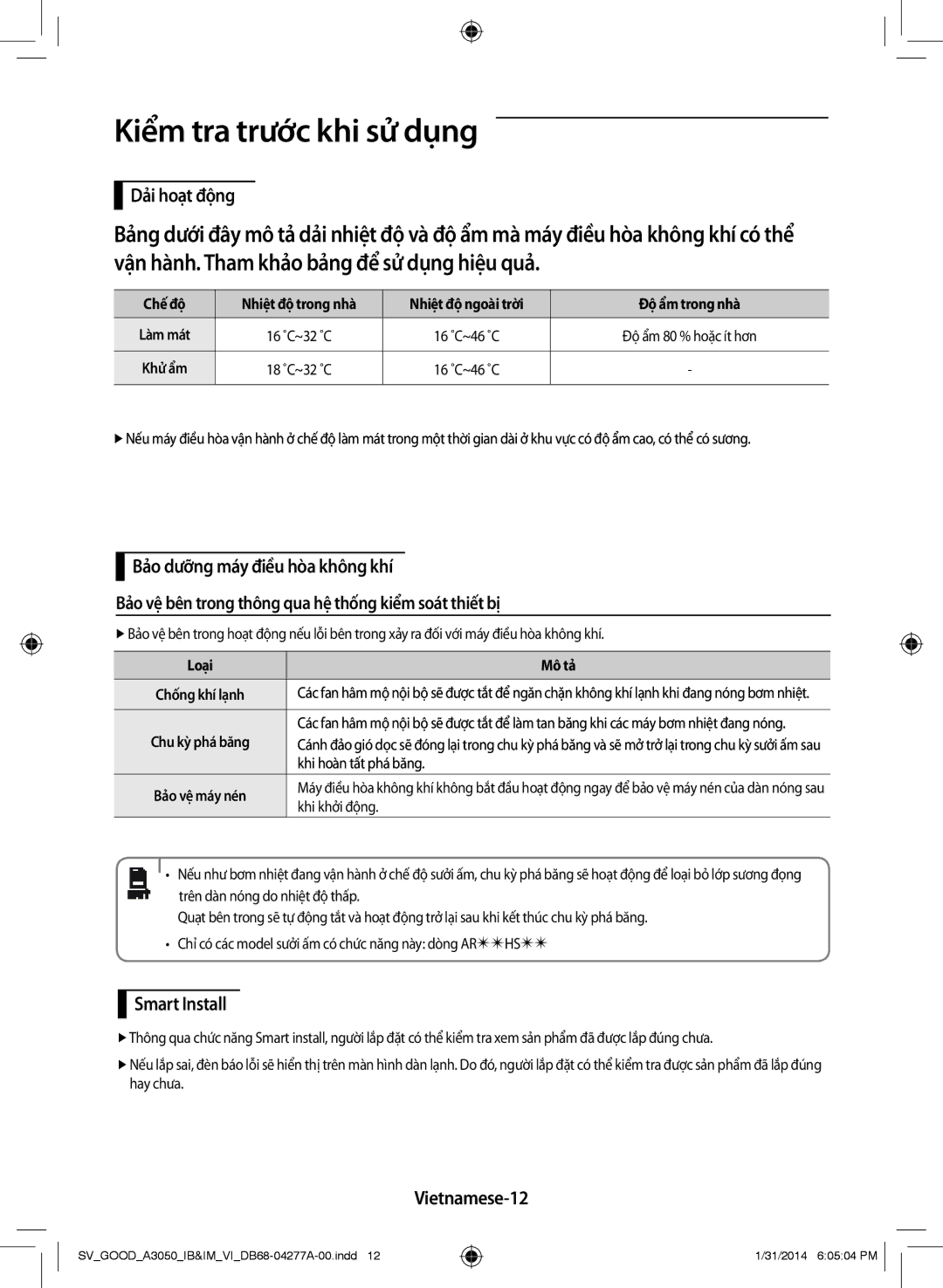 Samsung AR18HVFSBWKXSV, AR09HVFSBWKXSV, AR12HVFSBWKXSV manual Kiểm tra trước khi sử dụng, Dải hoạt động, Vietnamese-12 