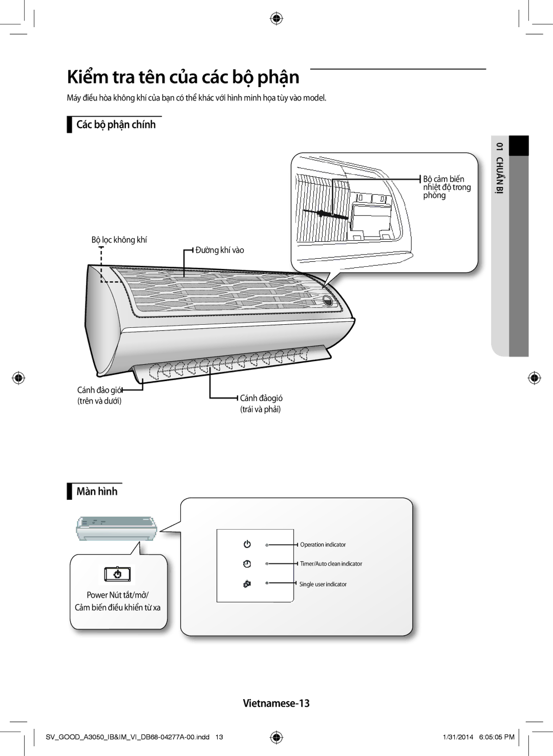 Samsung AR12HVFSBWKNSV, AR09HVFSBWKXSV manual Kiểm tra tên của các bộ phận, Các bộ phận chính, Màn hình, Vietnamese-13 