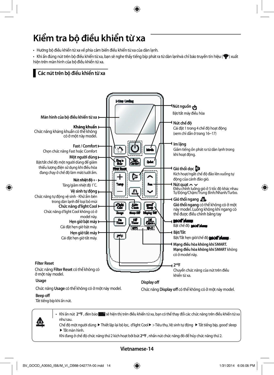 Samsung AR24HVFSLWKNSV, AR09HVFSBWKXSV manual Kiểm tra bộ điều khiển từ xa, Các nút trên bộ điều khiển từ xa, Vietnamese-14 