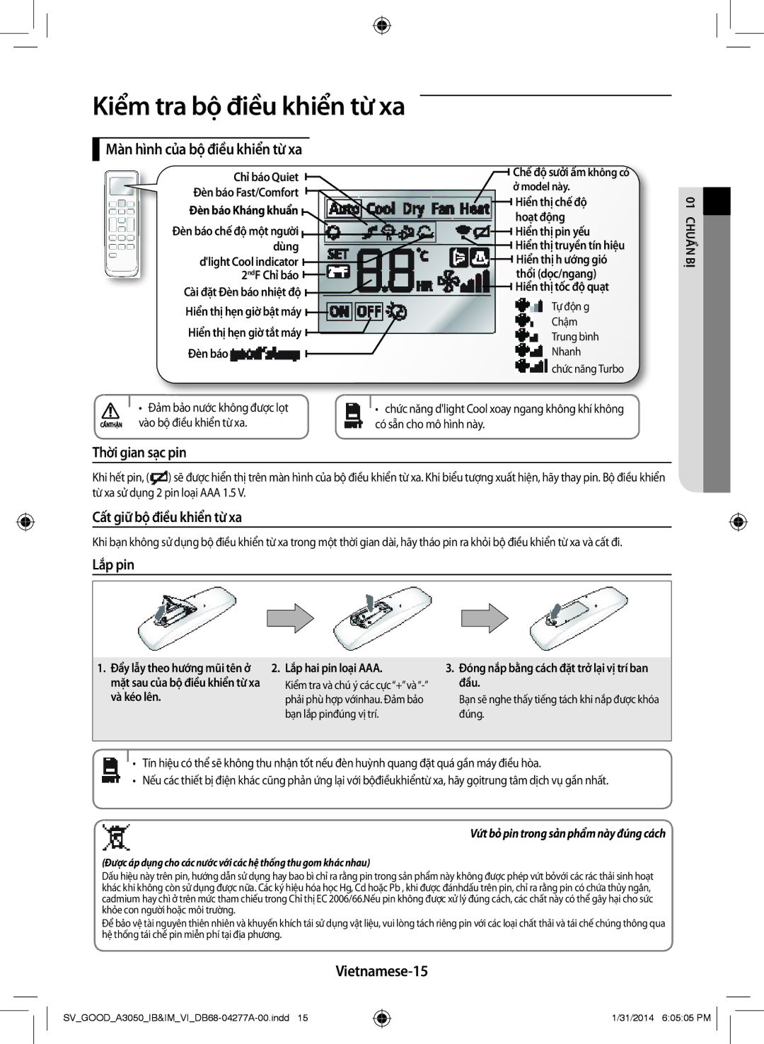 Samsung AR18HVFSBWKNSV manual Màn hình của bộ điều khiển từ xa, Thời gian sạc pin, Cất giữ bộ điều khiển từ xa, Lắp pin 