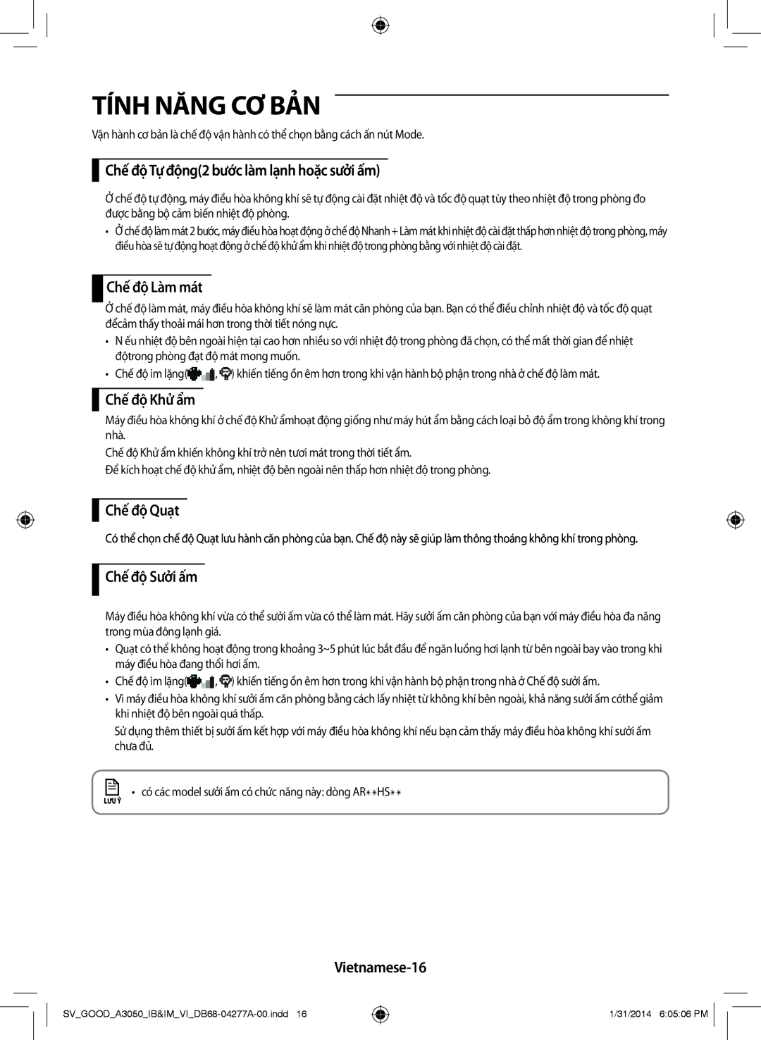 Samsung AR09HVFSBWKXSV manual Chế độ Tự động2 bước làm lạnh hoặc sưởi ấm, Chế độ Làm mát, Chế độ Khử ẩm, Chế độ Quạt 