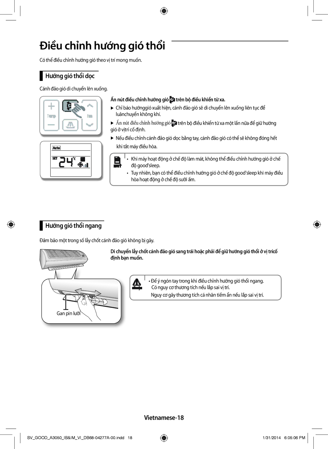 Samsung AR24HVFSLWKXSV, AR09HVFSBWKXSV Điều chỉnh hướng gió thổi, Hướng gió thổi dọc, Hướng gió thổi ngang, Vietnamese-18 