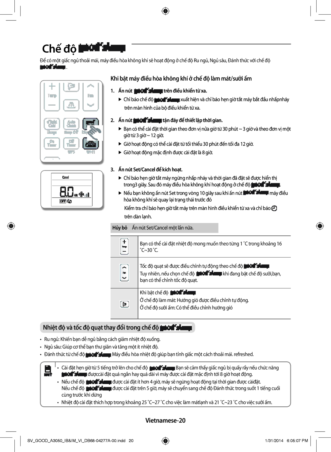 Samsung AR18HVFSBWKXSV, AR09HVFSBWKXSV manual Chế độ, Khi bật máy điều hòa không khí ở chế độ làm mát/sưởi ấm, Vietnamese-20 