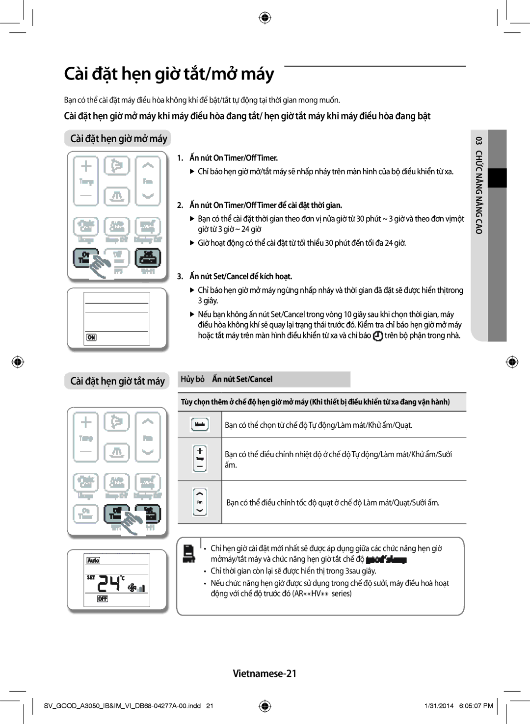 Samsung AR12HVFSBWKNSV manual Cài đặt hẹn giờ tắt/mở máy, Vietnamese-21, Ấn nút On Timer/Off Timer, C03ứ gChnă ng nân c ao 