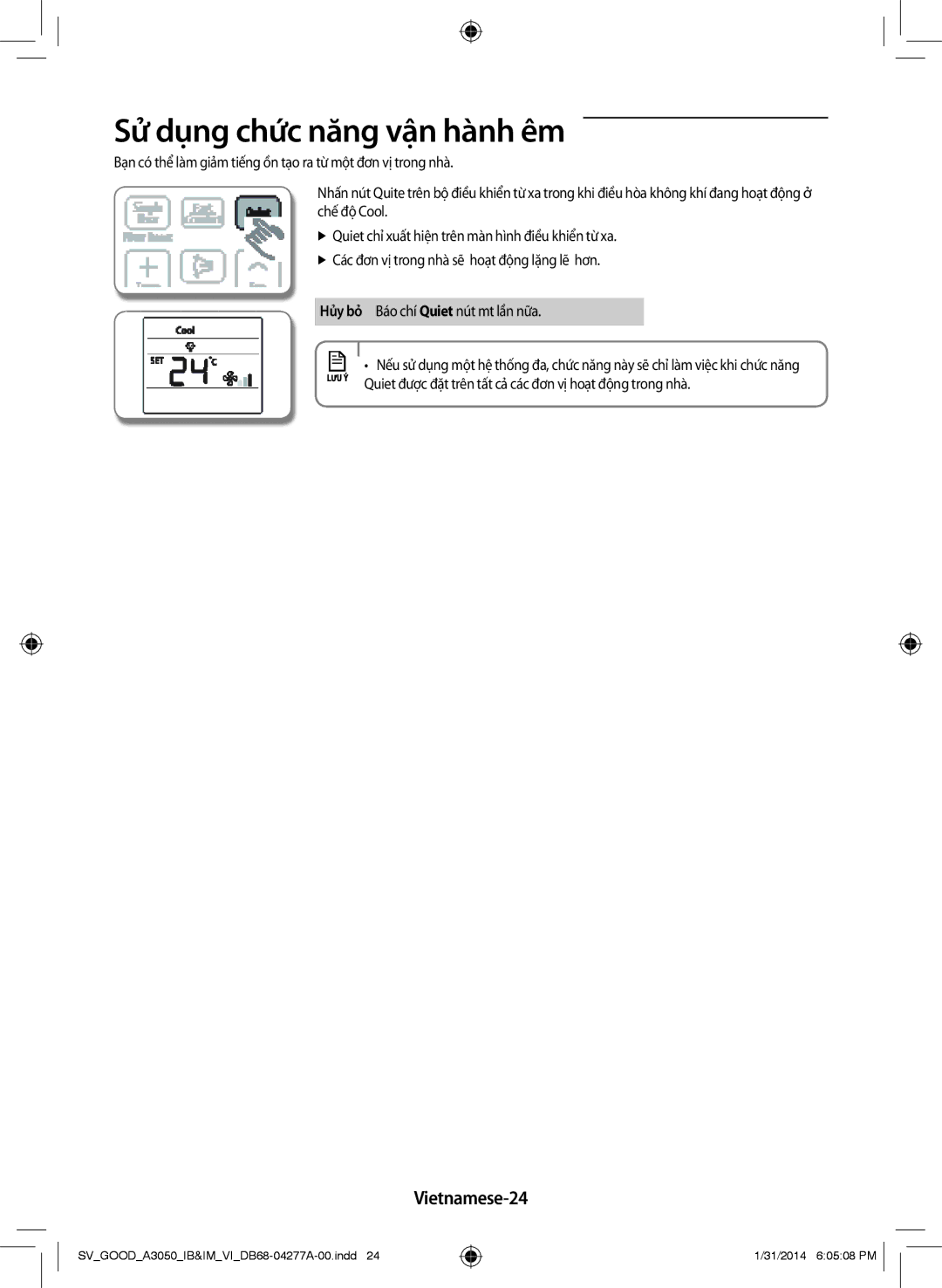 Samsung AR09HVFSBWKXSV, AR12HVFSBWKXSV, AR24HVFSLWKXSV, AR09HVFSBWKNSV manual Sử dụng chức năng vận hành êm, Vietnamese-24 