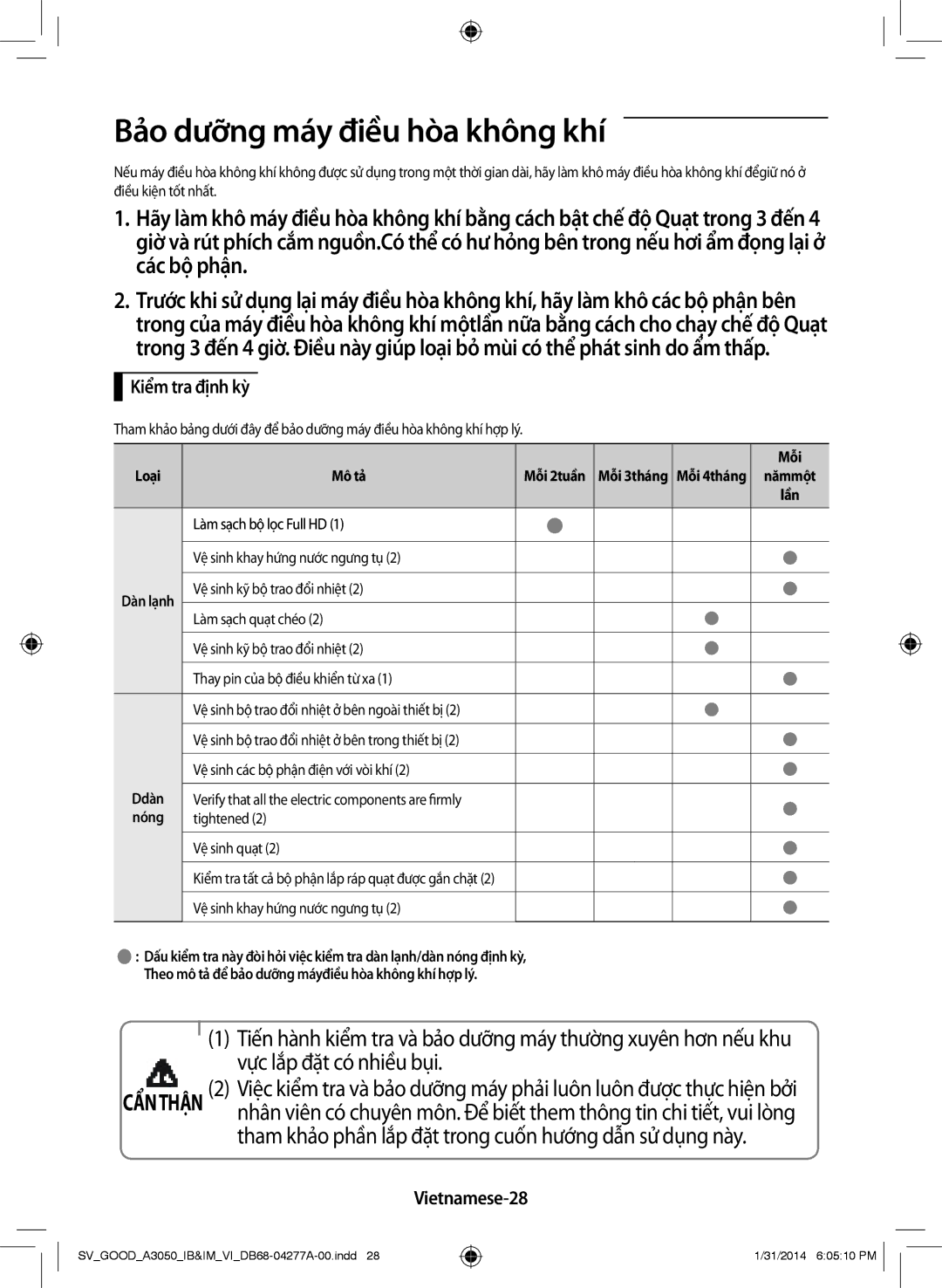Samsung AR18HVFSBWKXSV, AR09HVFSBWKXSV, AR12HVFSBWKXSV Bảo dưỡng máy điều hòa không khí, Kiểm tra định kỳ, Vietnamese-28 