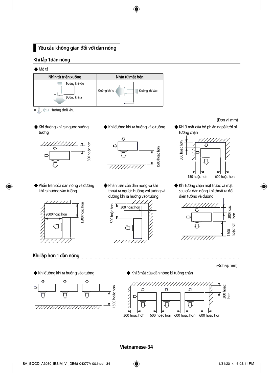 Samsung AR24HVFSLWKXSV manual Yêu cầu không gian đối với dàn nóng Khi lắp 1dàn nóng, Khi lắp hơn 1 dàn nóng, Vietnamese-34 