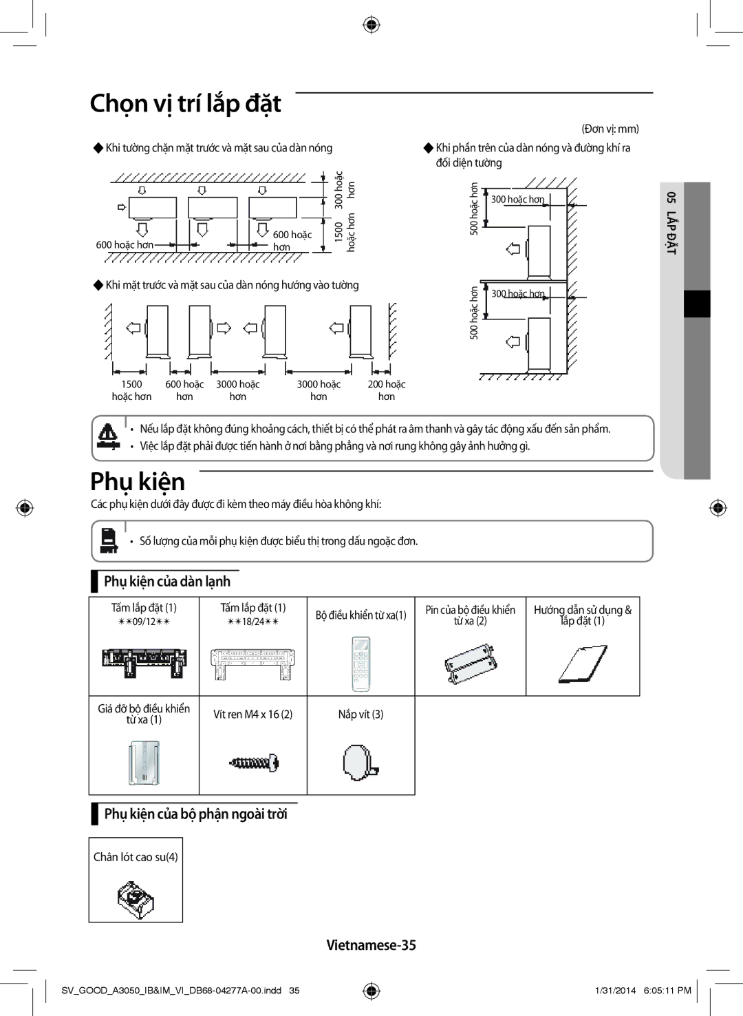 Samsung AR09HVFSBWKNSV, AR09HVFSBWKXSV manual Phụ kiện của dàn lạnh, Phụ kiện của bộ phận ngoài trời, Vietnamese-35 