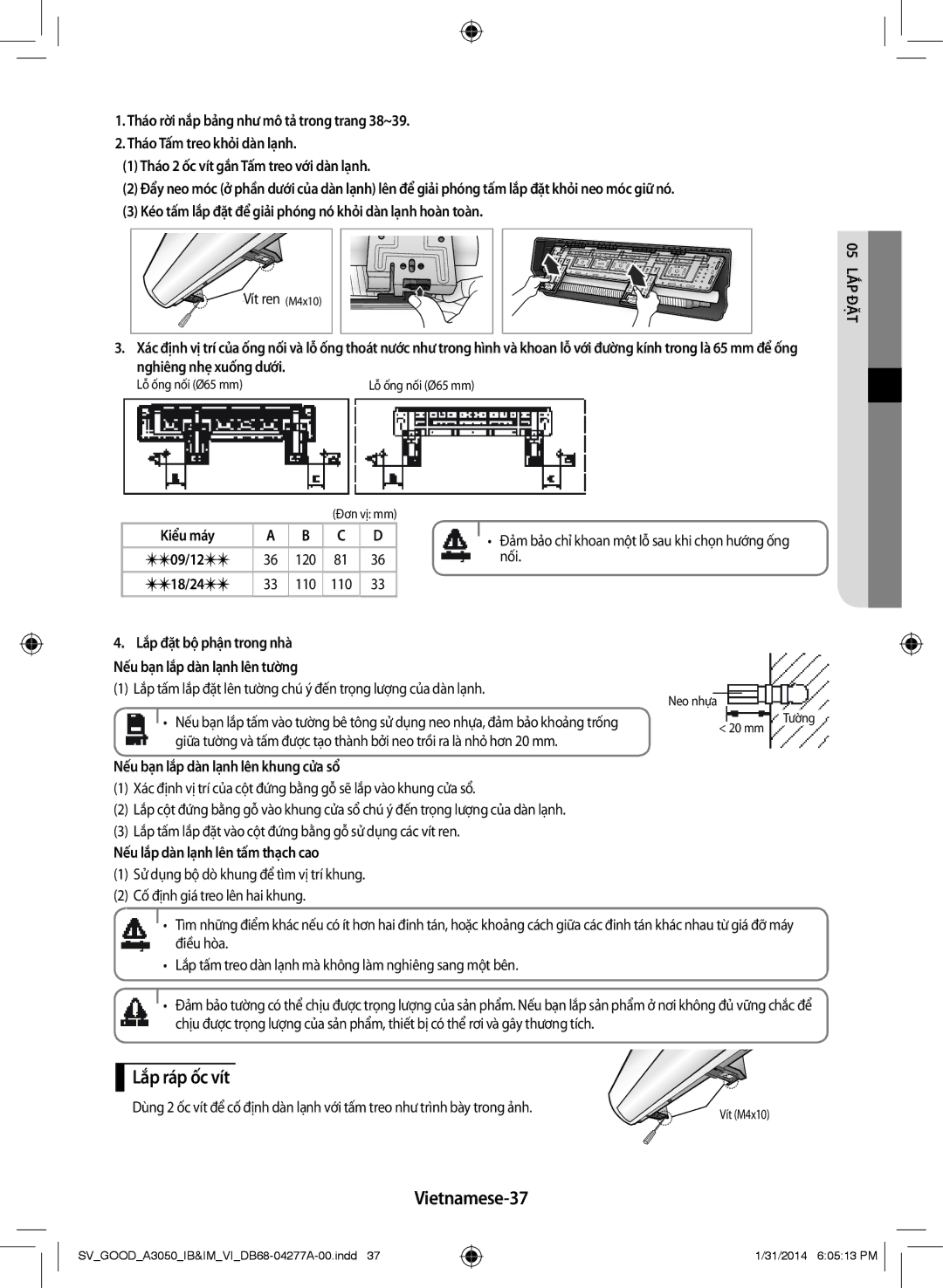 Samsung AR12HVFSBWKNSV, AR09HVFSBWKXSV, AR12HVFSBWKXSV, AR24HVFSLWKXSV, AR09HVFSBWKNSV manual Lắp ráp ốc vít, Vietnamese-37 