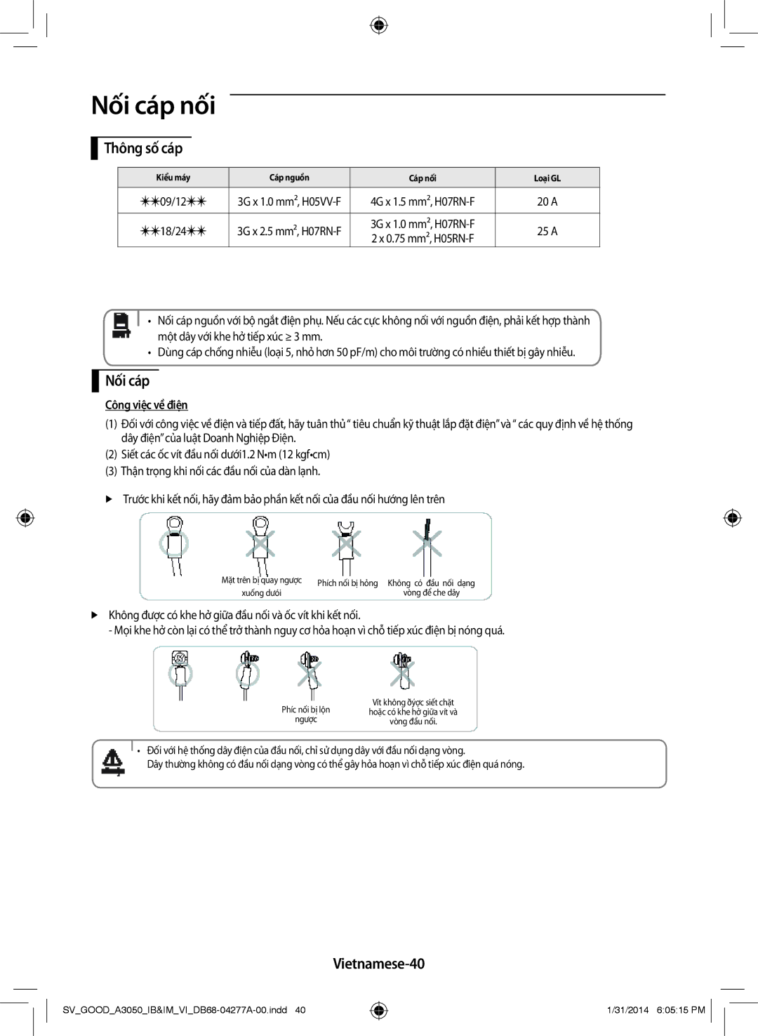 Samsung AR09HVFSBWKXSV, AR12HVFSBWKXSV, AR24HVFSLWKXSV manual Nối cáp nối, Thông số cáp, Vietnamese-40, Công việc về điện 