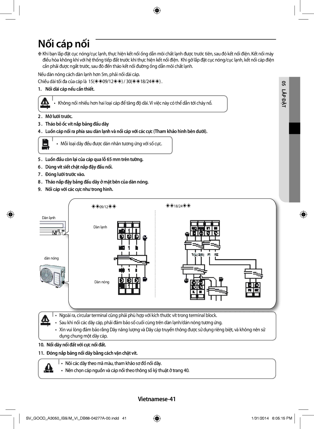 Samsung AR12HVFSBWKXSV manual Vietnamese-41, Nối dài cáp nếu cần thiết, Mỗi loại dây đều được dán nhãn tương ứng với số cực 