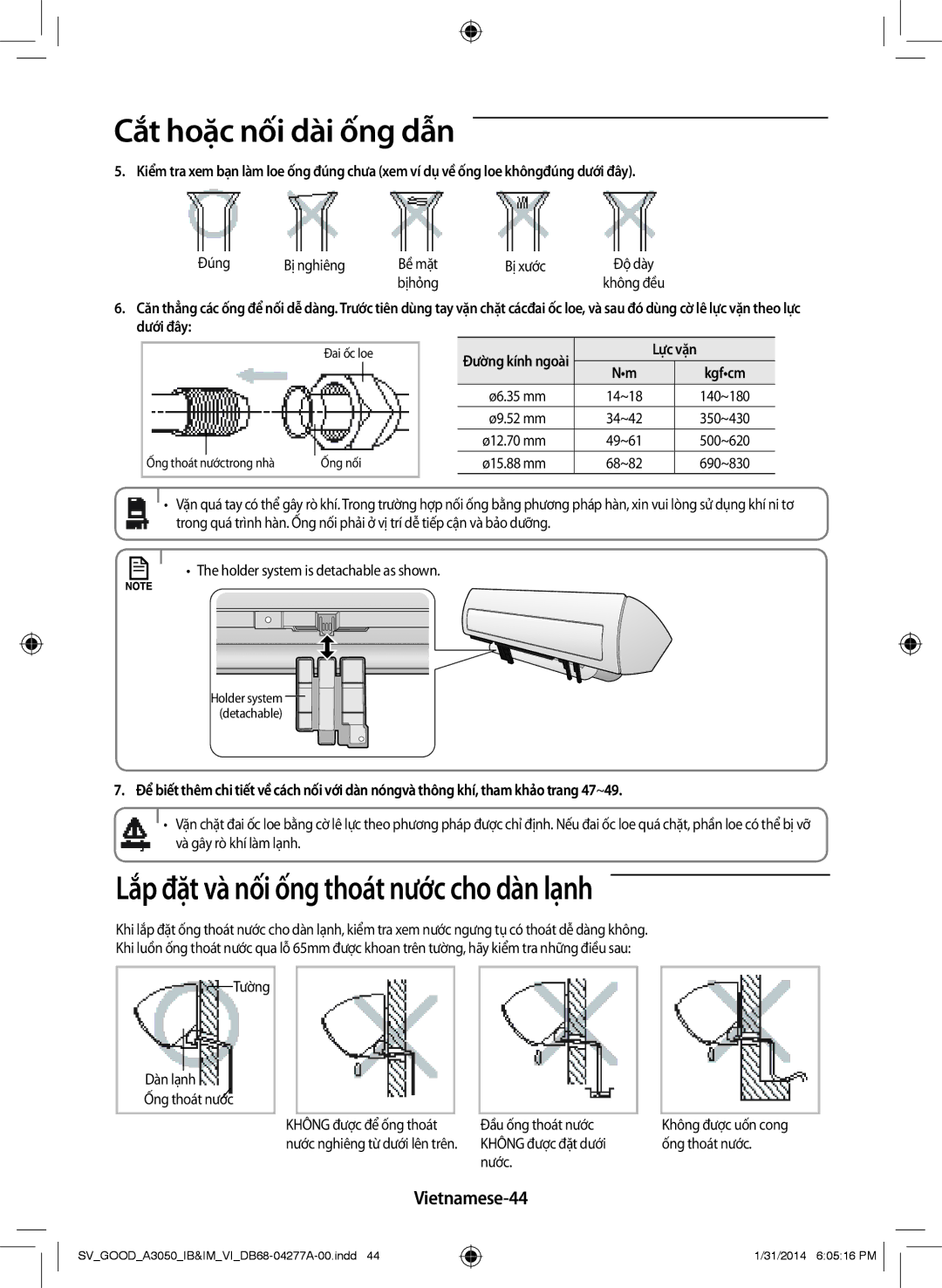 Samsung AR18HVFSBWKXSV, AR09HVFSBWKXSV, AR12HVFSBWKXSV manual Lắp đặt và nối ống thoát nước cho dàn lạnh, Vietnamese-44 