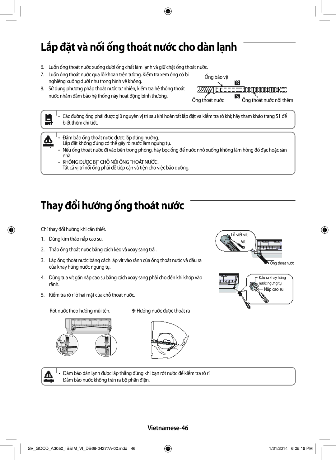 Samsung AR24HVFSLWKNSV, AR09HVFSBWKXSV manual Thay đổi hướng ống thoát nước, Vietnamese-46, Ống bảo vệ Ống thoát nước 