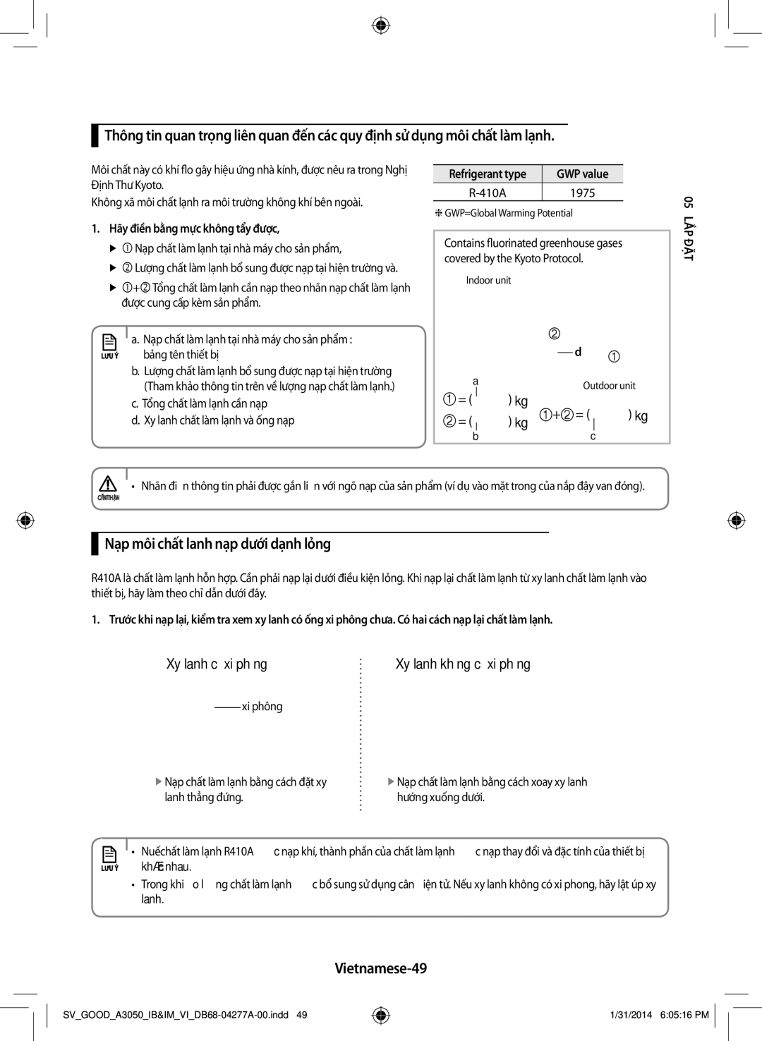 Samsung AR12HVFSBWKXSV manual Nạp môi chất lanh nạp dưới dạnh lỏng, Vietnamese-49, Hãy điền bằng mực không tẩy được 