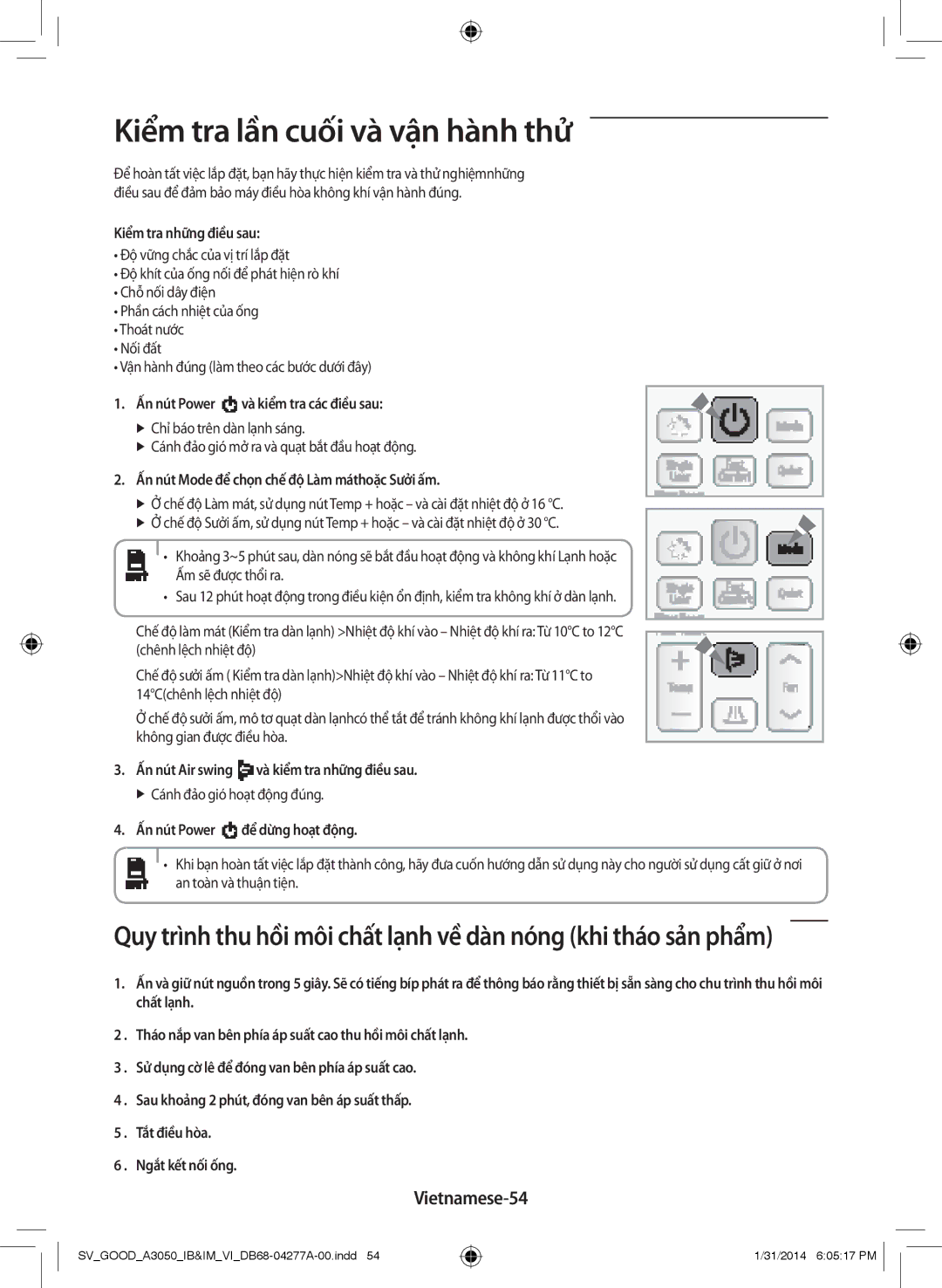 Samsung AR24HVFSLWKNSV, AR09HVFSBWKXSV, AR12HVFSBWKXSV, AR24HVFSLWKXSV manual Kiểm tra lần cuối và vận hành thử, Vietnamese-54 