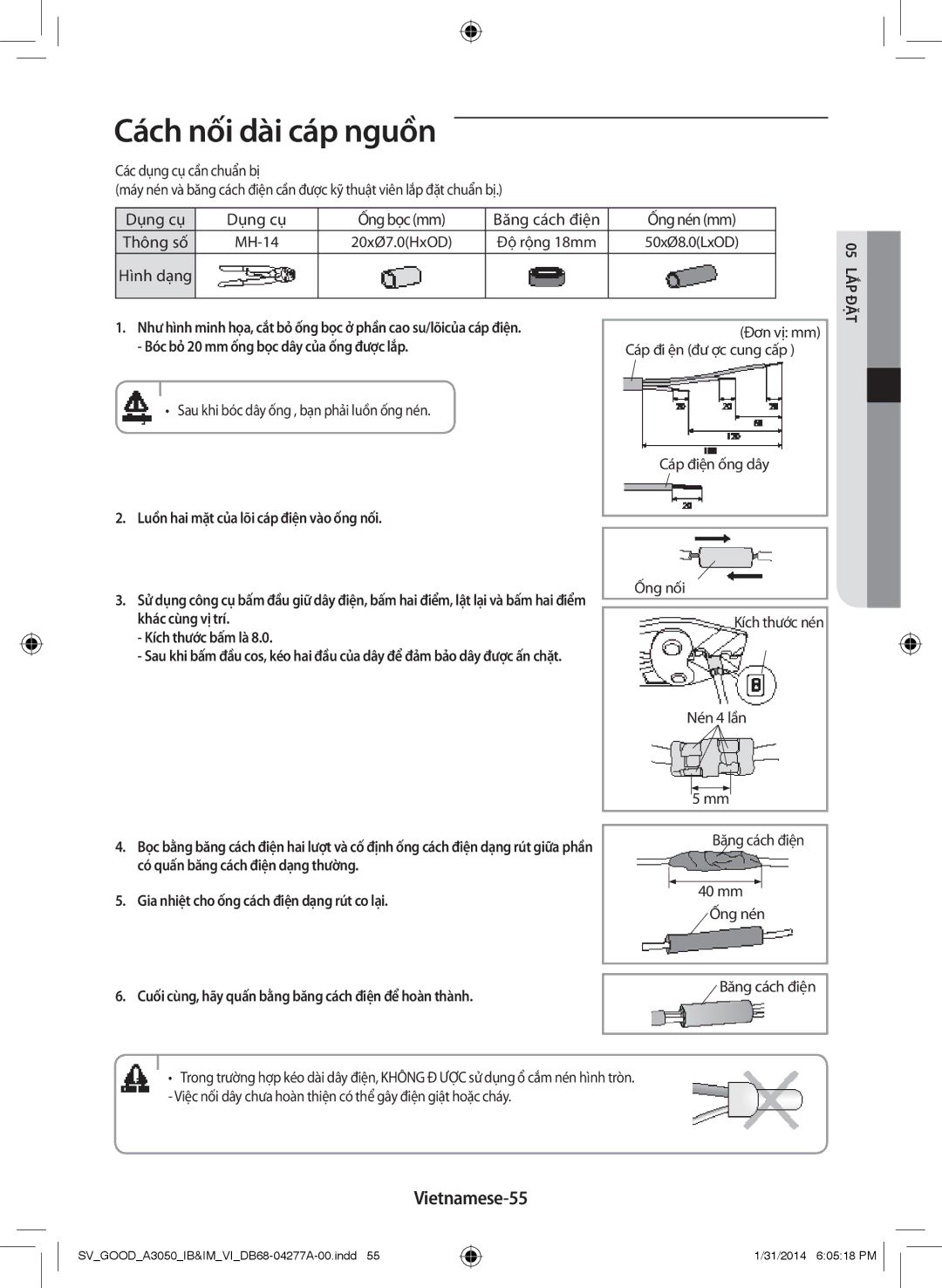 Samsung AR18HVFSBWKNSV, AR09HVFSBWKXSV, AR12HVFSBWKXSV, AR24HVFSLWKXSV, AR09HVFSBWKNSV Cách nối dài cáp nguồn, Vietnamese-55 