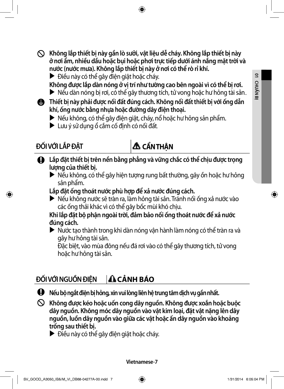 Samsung AR18HVFSBWKNSV, AR09HVFSBWKXSV manual Lắp đặt ống thoát nước phù hợp để xả nước đúng cách, Vietnamese-7, Nẩb01 Chu ị 