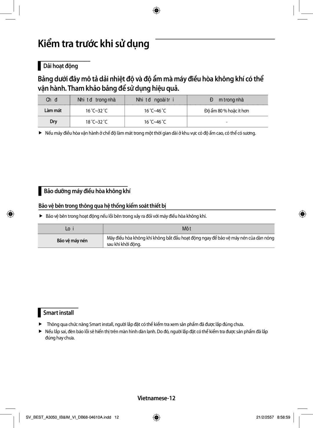 Samsung AR09HVSFNWKNSV, AR09HVSFNWKXSV manual Kiểm tra trước khi sử dụng, Dải hoạt động, Vietnamese-12 