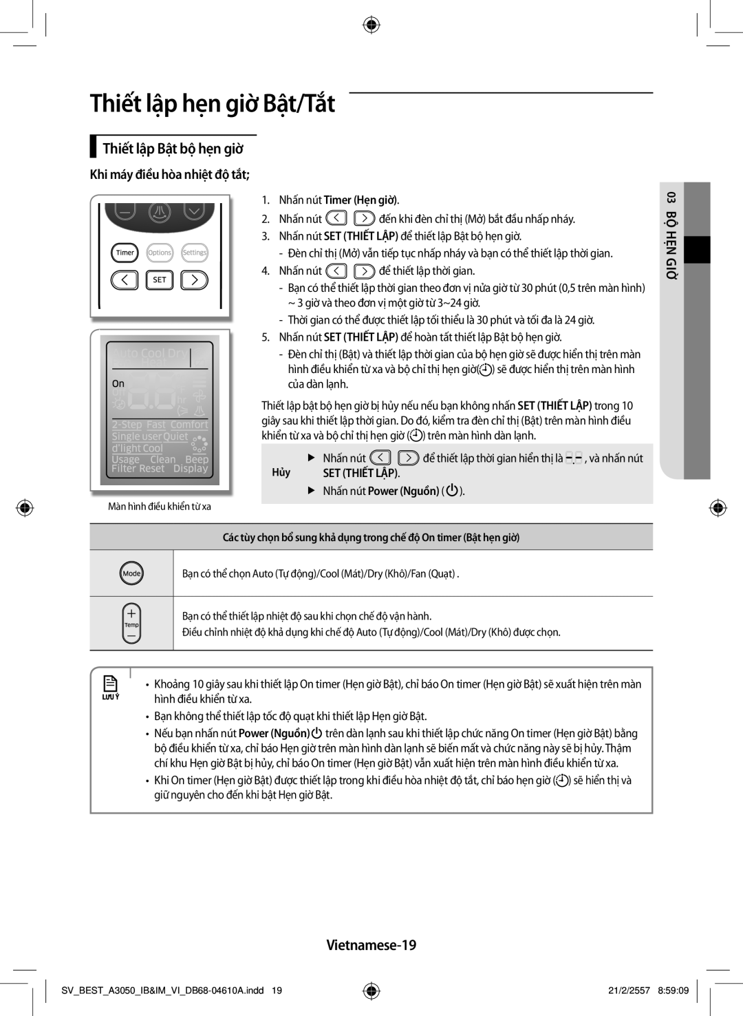 Samsung AR09HVSFNWKXSV Thiết lập hẹn giờ Bật/Tắt, Thiết lập Bật bộ hẹn giờ, Vietnamese-19, Khi máy điều hòa nhiệt độ tắt 