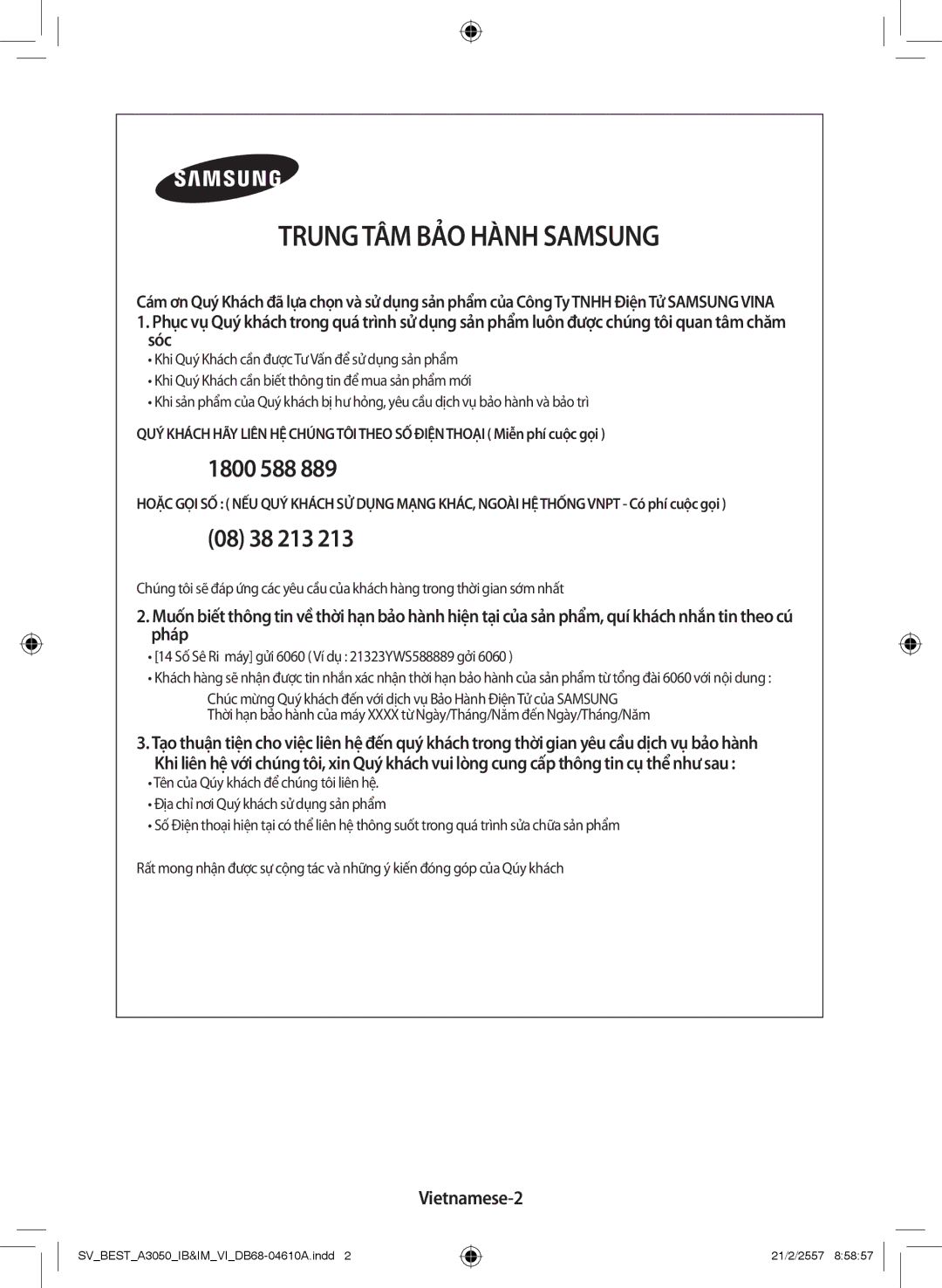 Samsung AR09HVSFNWKNSV, AR09HVSFNWKXSV manual Trung TÂM BẢO Hành Samsung, Vietnamese-2 