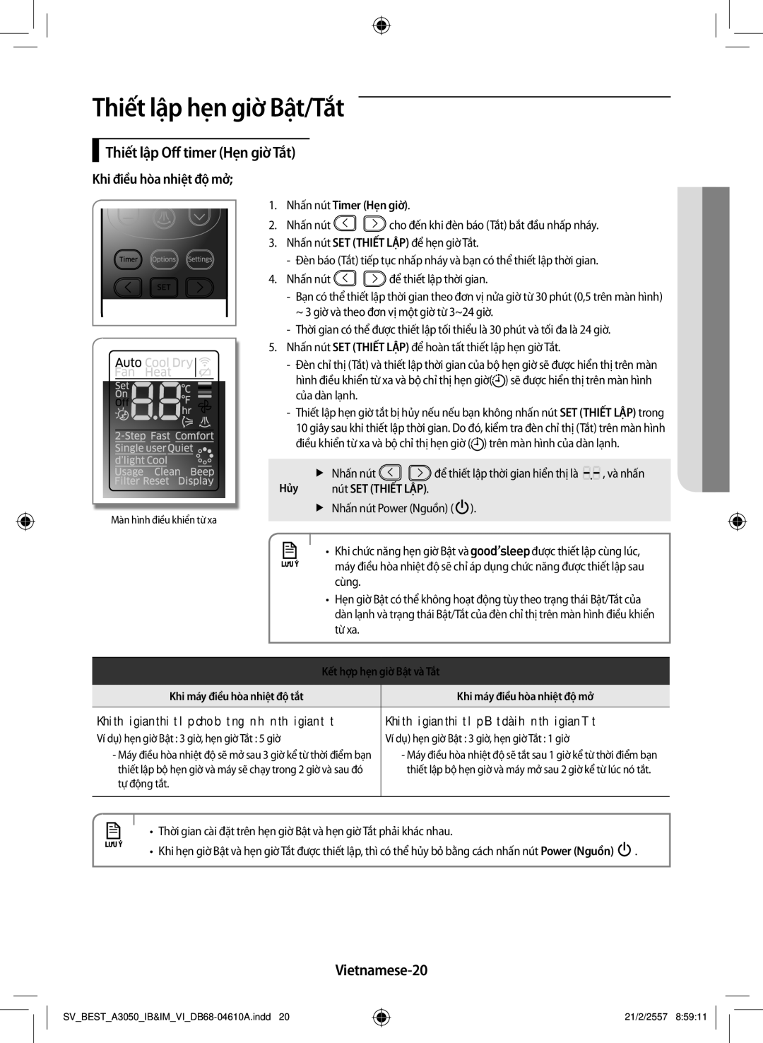 Samsung AR09HVSFNWKNSV manual Thiết lập Off timer Hẹn giờ Tắt, Vietnamese-20, Khi điều hòa nhiệt độ mở, FfNhấn nút 