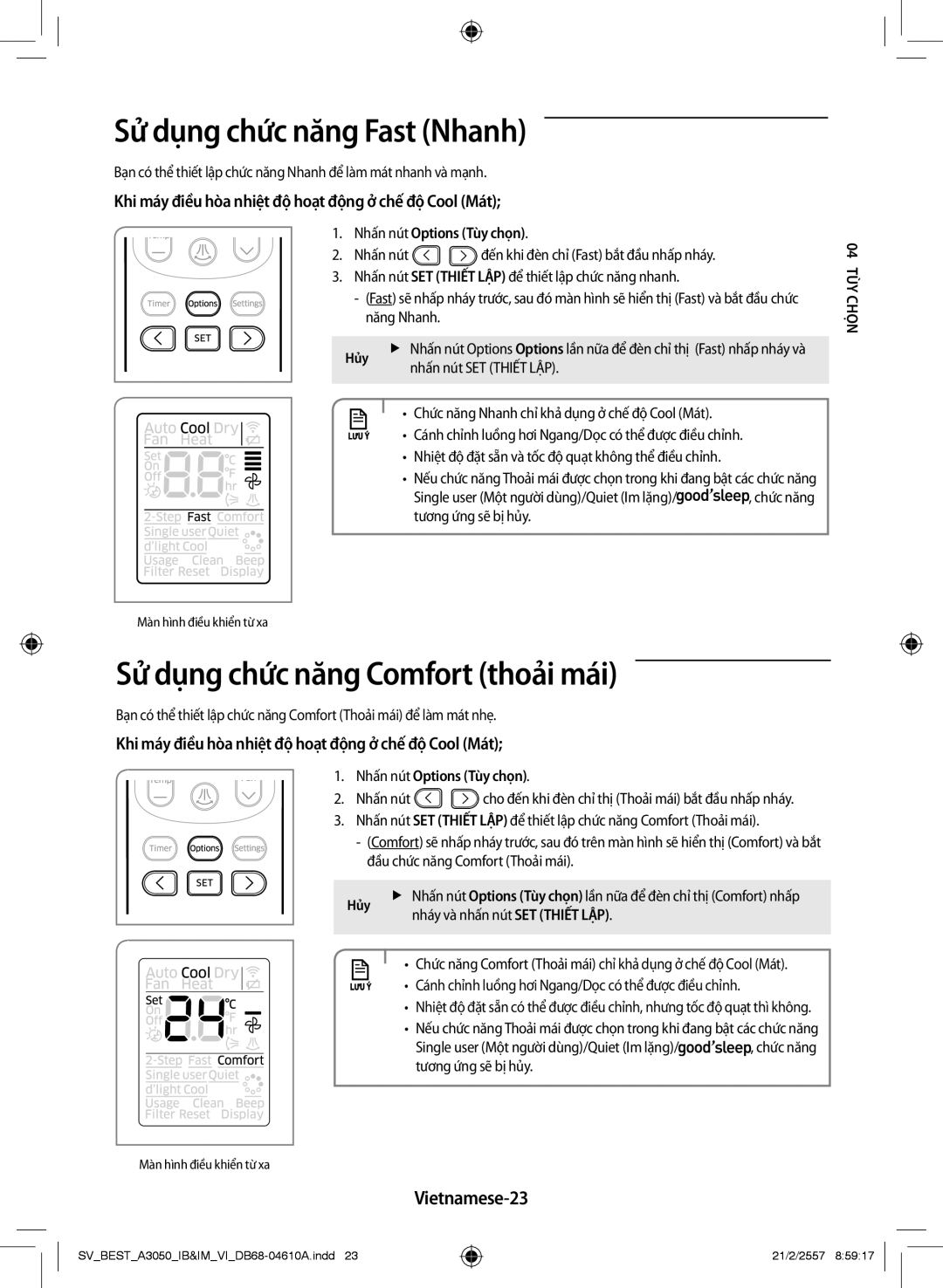 Samsung AR09HVSFNWKXSV manual Sử dụng chức năng Fast Nhanh, Sử dụng chức năng Comfort thoải mái, Vietnamese-23, Chọ04 tùy 