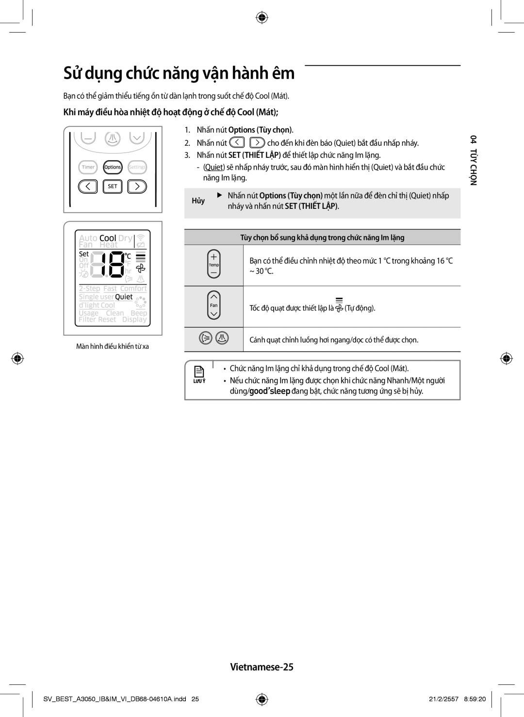 Samsung AR09HVSFNWKXSV, AR09HVSFNWKNSV manual Sử dụng chức năng vận hành êm, Vietnamese-25 