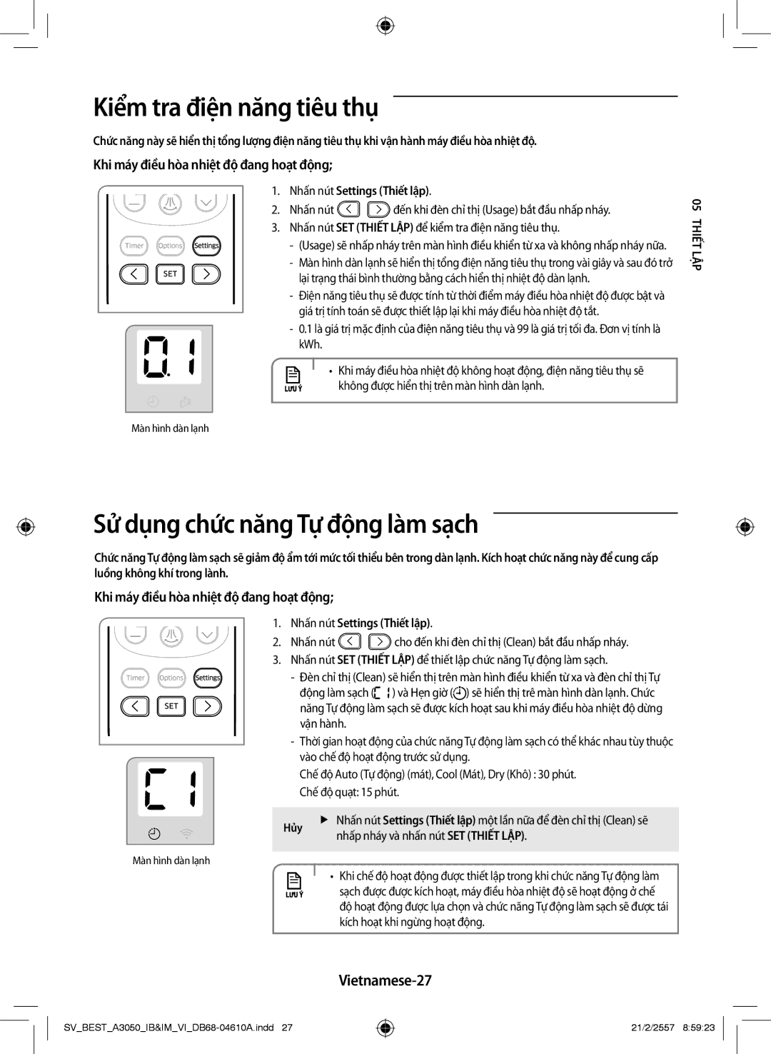 Samsung AR09HVSFNWKXSV manual Kiểm tra điện năng tiêu thụ, Sử dụng chức năng Tự động làm sạch, Vietnamese-27, 05iếtTh lập 