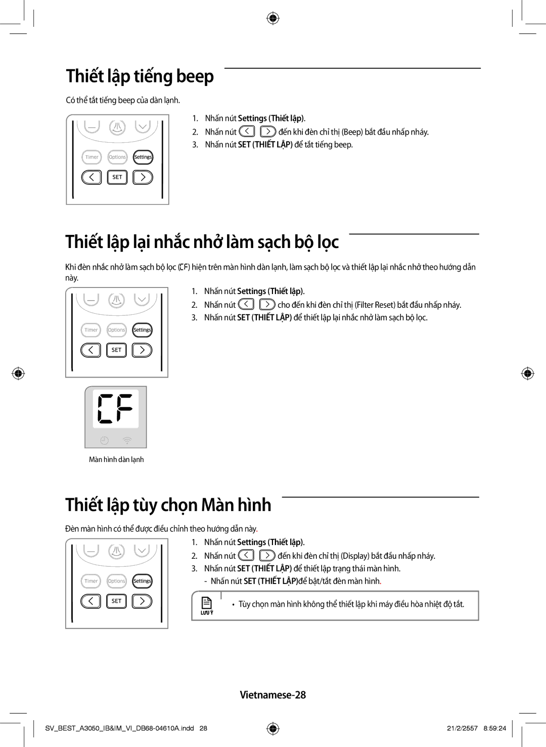 Samsung AR09HVSFNWKNSV manual Thiết lập tiếng beep, Thiết lập lại nhắc nhở làm sạch bộ lọc, Thiết lập tùy chọn Màn hình 