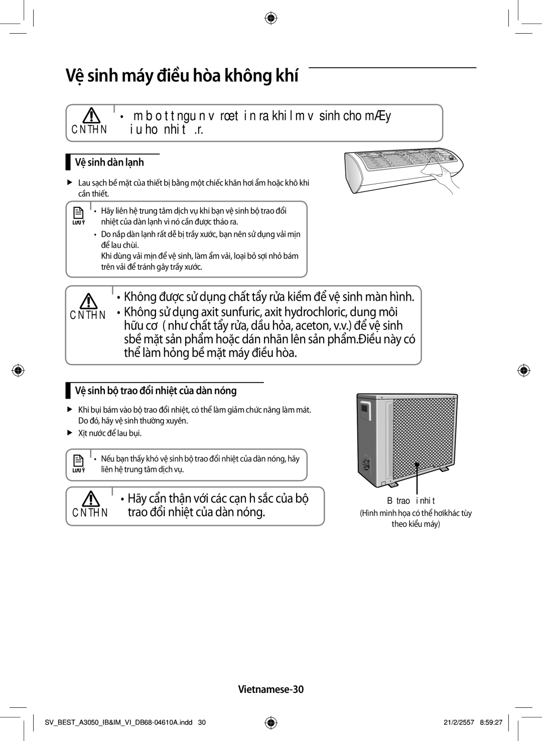 Samsung AR09HVSFNWKNSV Vệ sinh máy điều hòa không khí, Thể làm hỏng bề mặt máy điều hòa, Vệ sinh dàn lạnh, Vietnamese-30 