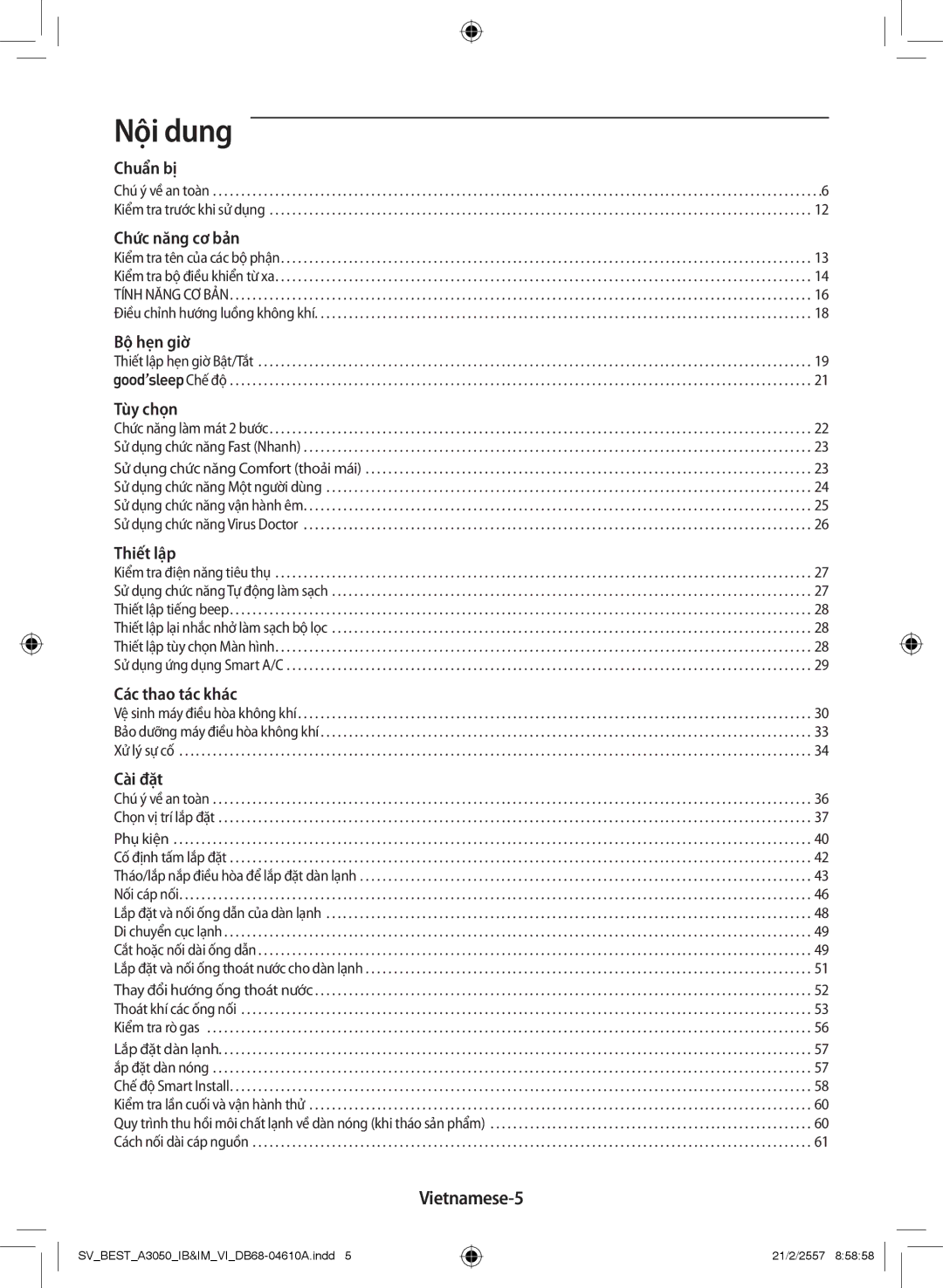 Samsung AR09HVSFNWKXSV, AR09HVSFNWKNSV manual Nội dung, Vietnamese-5 