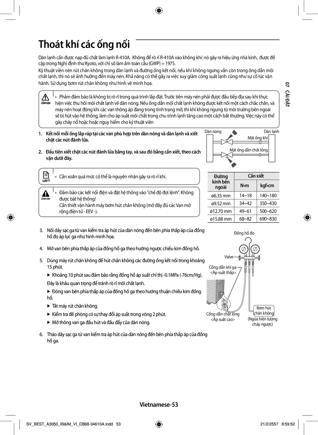 Samsung AR09HVSFNWKXSV manual Thoát khí các ống nối, Vietnamese-53, Chặt các nút đánh lửa, Vặn dưới đây 07 Càiđtặ, Cần xiết 