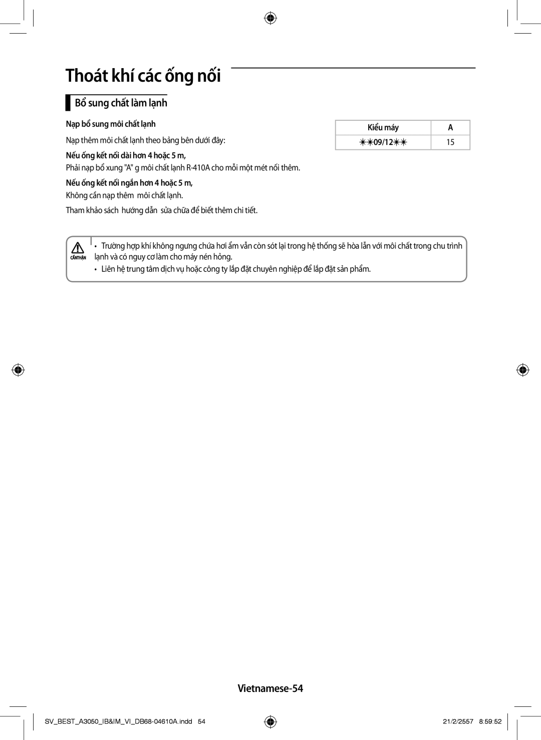 Samsung AR09HVSFNWKNSV, AR09HVSFNWKXSV manual Bổ sung chất làm lạnh, Vietnamese-54 