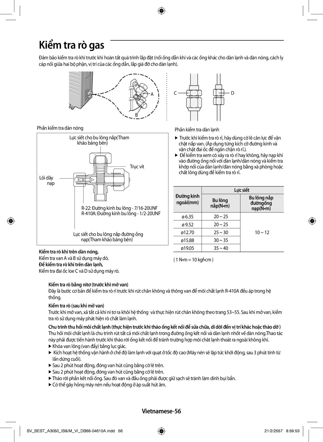 Samsung AR09HVSFNWKNSV, AR09HVSFNWKXSV manual Kiểm tra rò gas, Vietnamese-56 