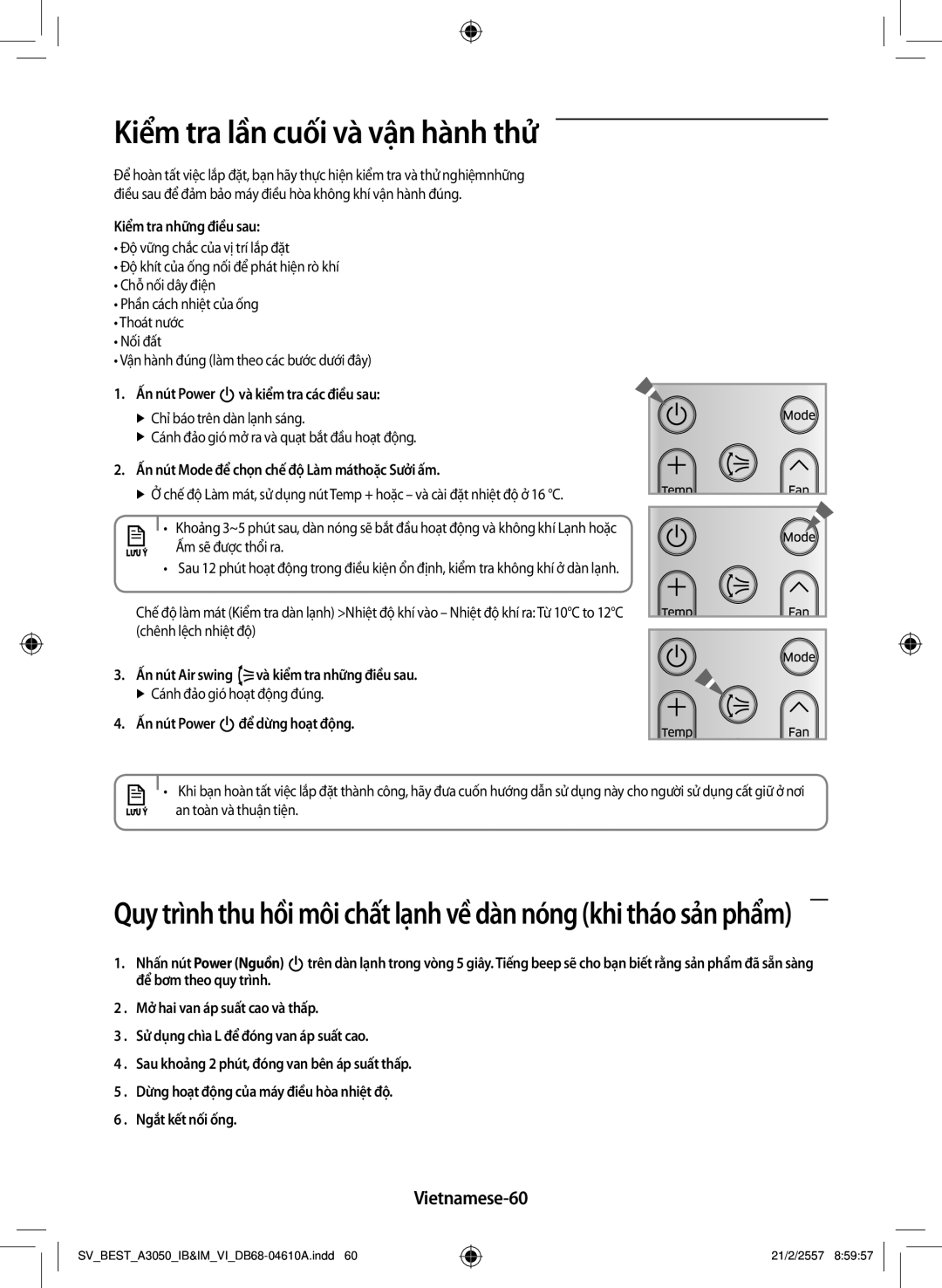 Samsung AR09HVSFNWKNSV, AR09HVSFNWKXSV manual Kiểm tra lần cuối và vận hành thử, Vietnamese-60 