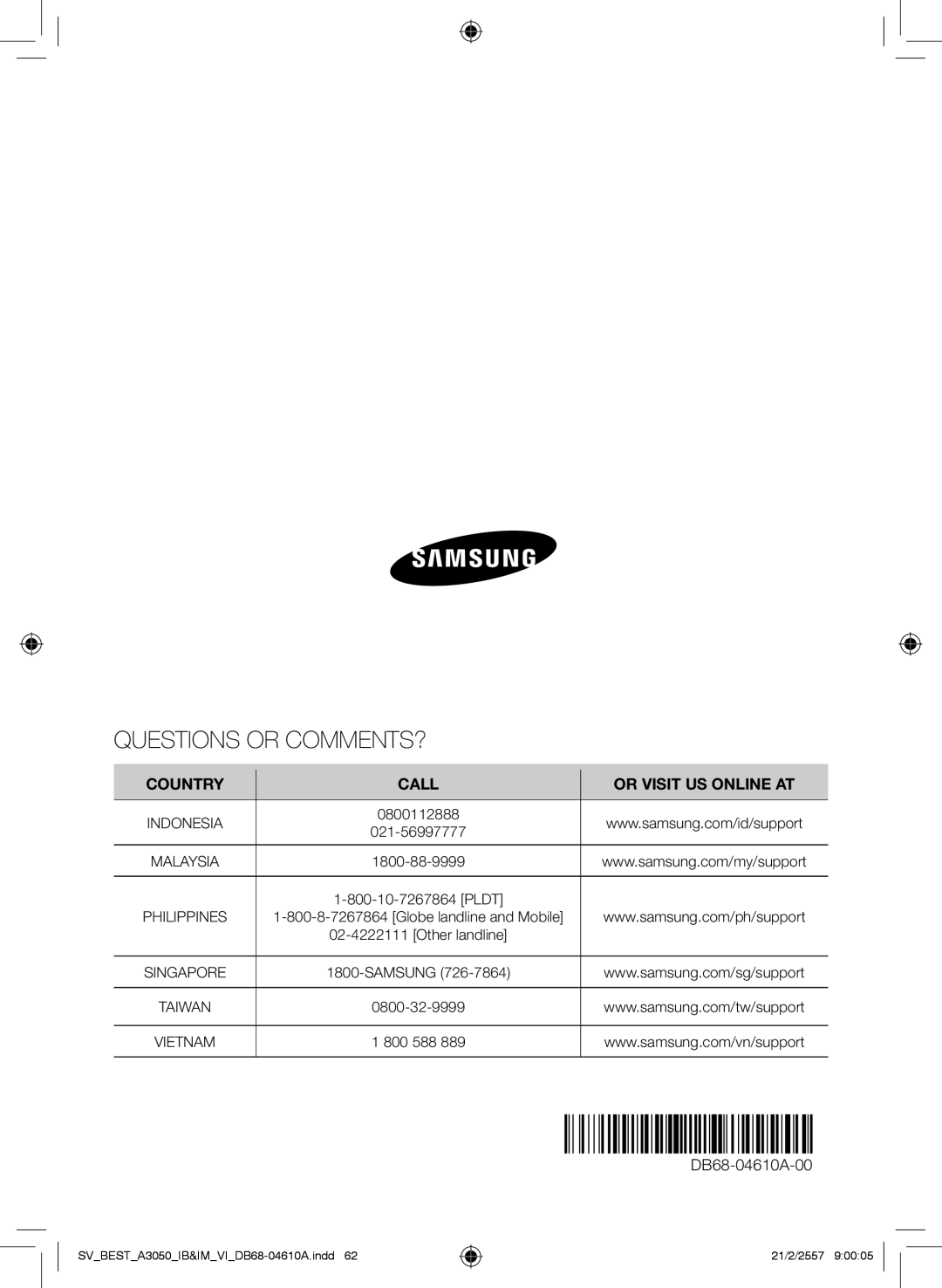 Samsung AR09HVSFNWKNSV, AR09HVSFNWKXSV manual Questions or COMMENTS?, DB68-04610A-00 