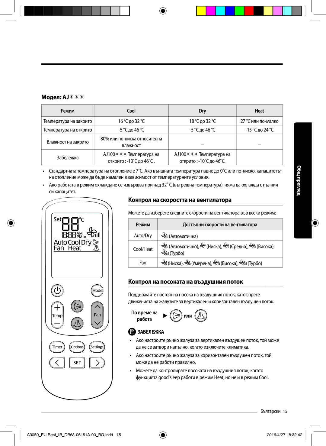 Samsung AR09JSPFAWKNEU Модел AJ, Контрол на скоростта на вентилатора, Контрол на посоката на въздушния поток, Режим 