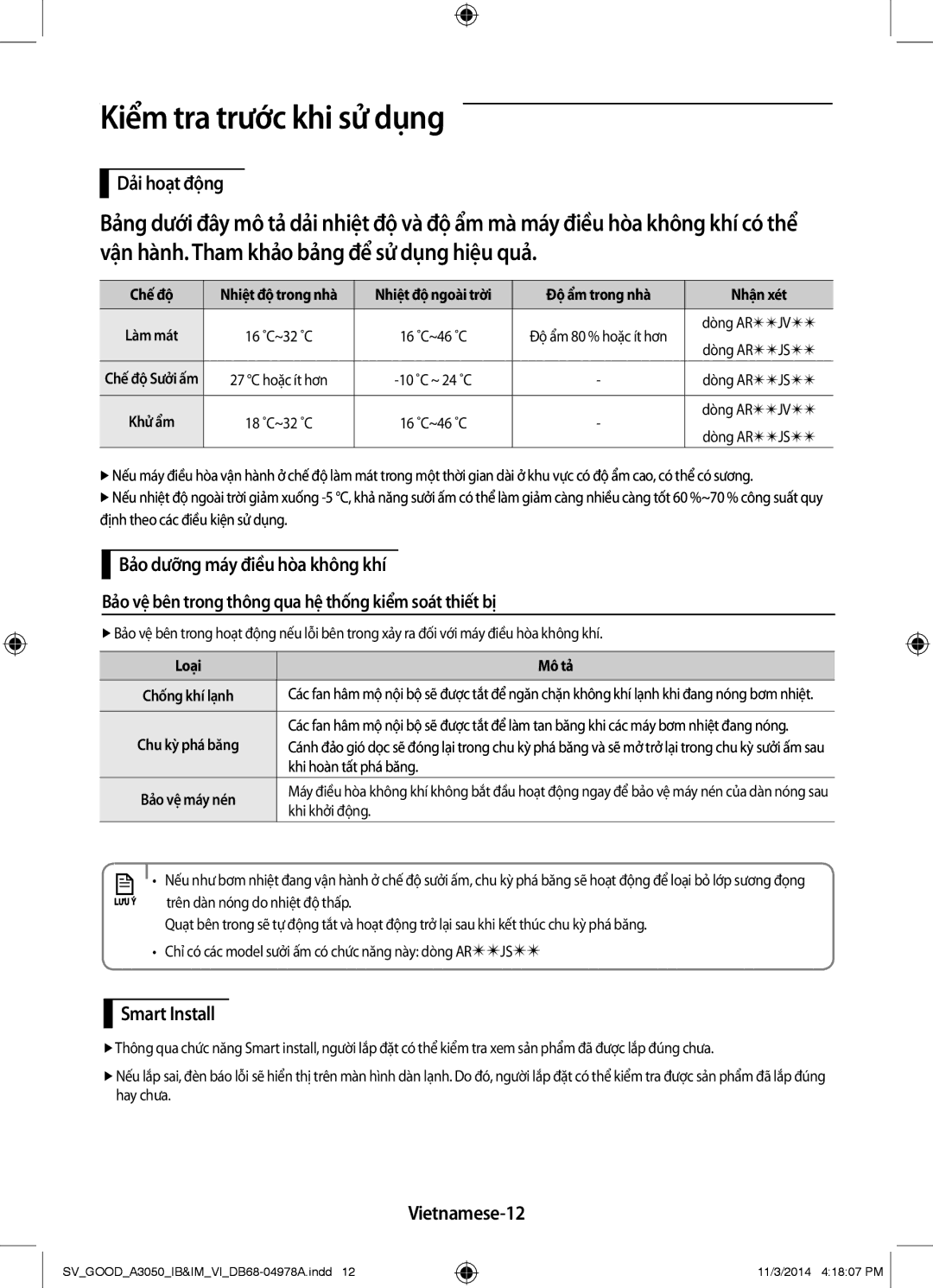 Samsung AR09JVFSBWKNSV, AR12JVFSBWKNSV, AR09JVFSBWKXSV manual Kiểm tra trước khi sử dụng, Dải hoạt động, Vietnamese-12 