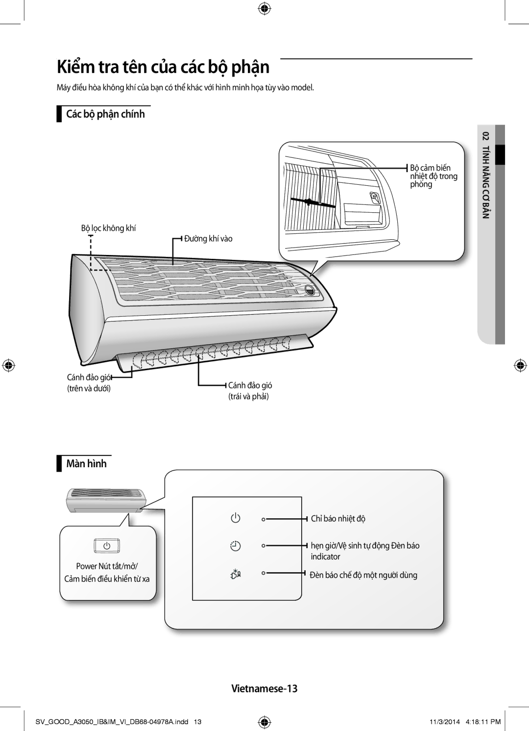 Samsung AR12JVFSBWKNSV, AR09JVFSBWKNSV manual Kiểm tra tên của các bộ phận, Các bộ phận chính, Màn hình, Vietnamese-13 