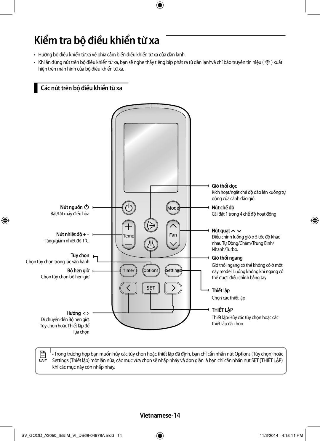 Samsung AR09JVFSBWKXSV, AR09JVFSBWKNSV manual Kiểm tra bộ điều khiển từ xa, Các nút trên bộ điều khiển từ xa, Vietnamese-14 