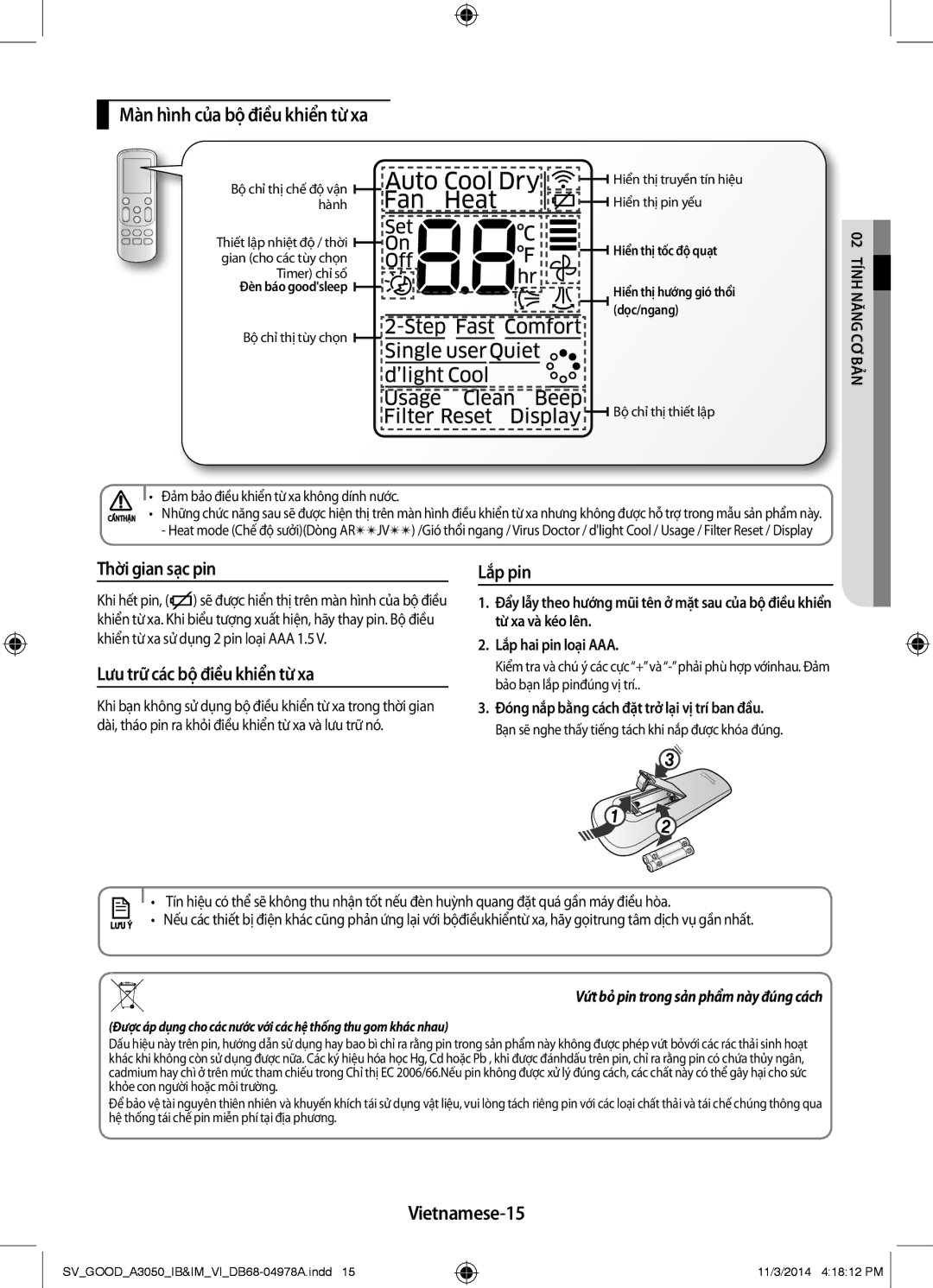 Samsung AR12JVFSBWKXSV manual Màn hình của bộ điều khiển từ xa, Thời gian sạc pin, Lưu trữ các bộ điều khiển từ xa, Lắp pin 