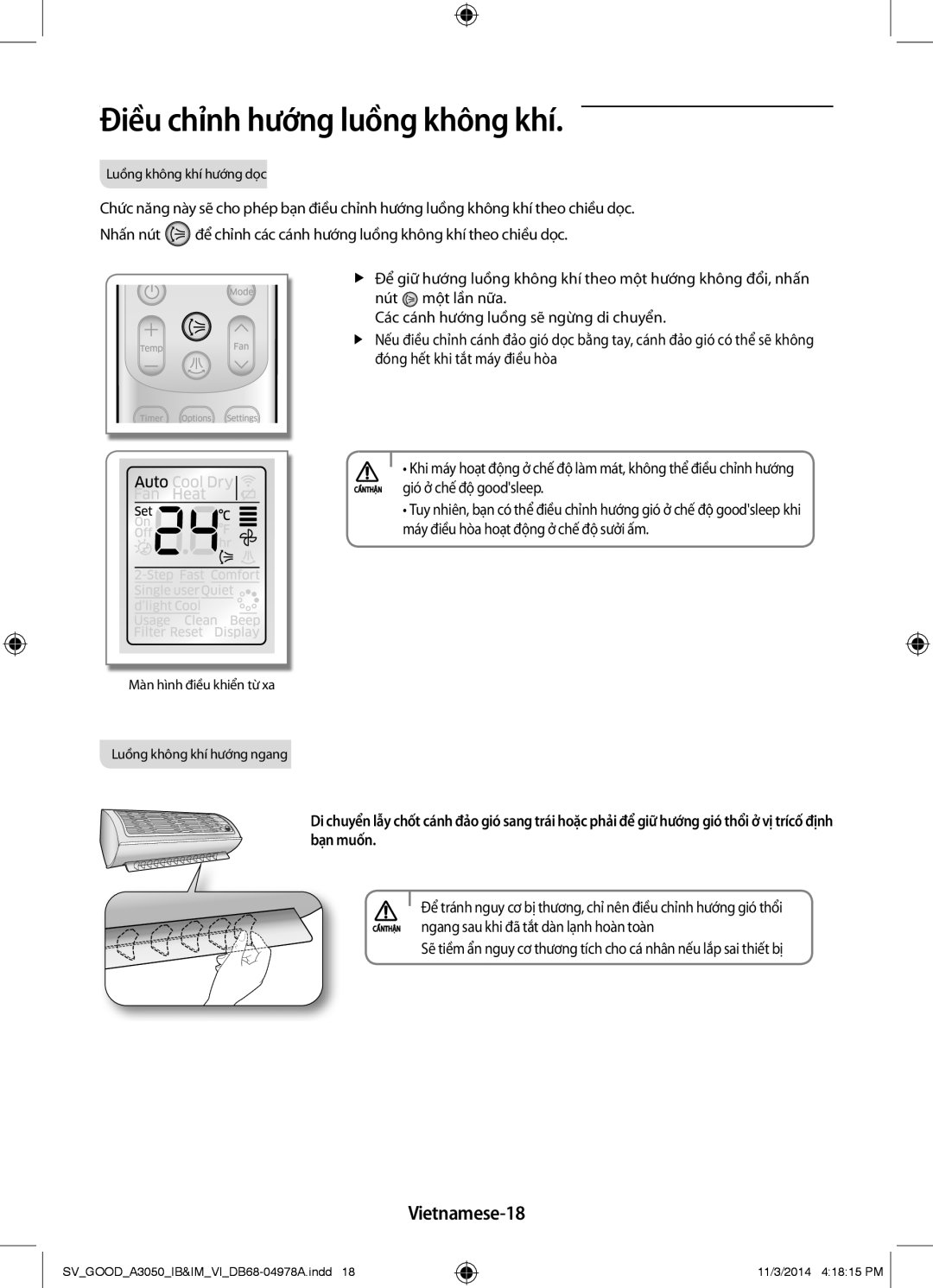 Samsung AR09JVFSBWKXSV, AR09JVFSBWKNSV, AR12JVFSBWKNSV, AR12JVFSBWKXSV manual Điều chỉnh hướng luồng không khí, Vietnamese-18 