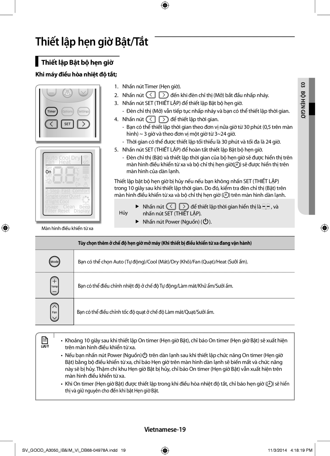 Samsung AR12JVFSBWKXSV, AR09JVFSBWKNSV, AR12JVFSBWKNSV, AR09JVFSBWKXSV manual Thiết lập Bật bộ hẹn giờ, Vietnamese-19 