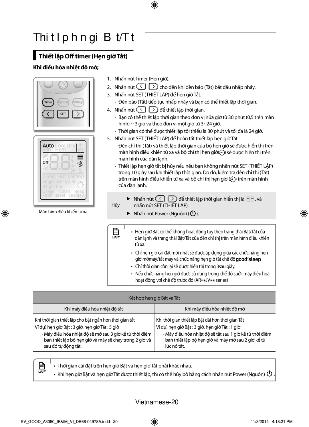 Samsung AR09JVFSBWKNSV, AR12JVFSBWKNSV manual Thiết lập hẹn giờ Bật/Tắt, Thiết lập Off timer Hẹn giờ Tắt, Vietnamese-20 