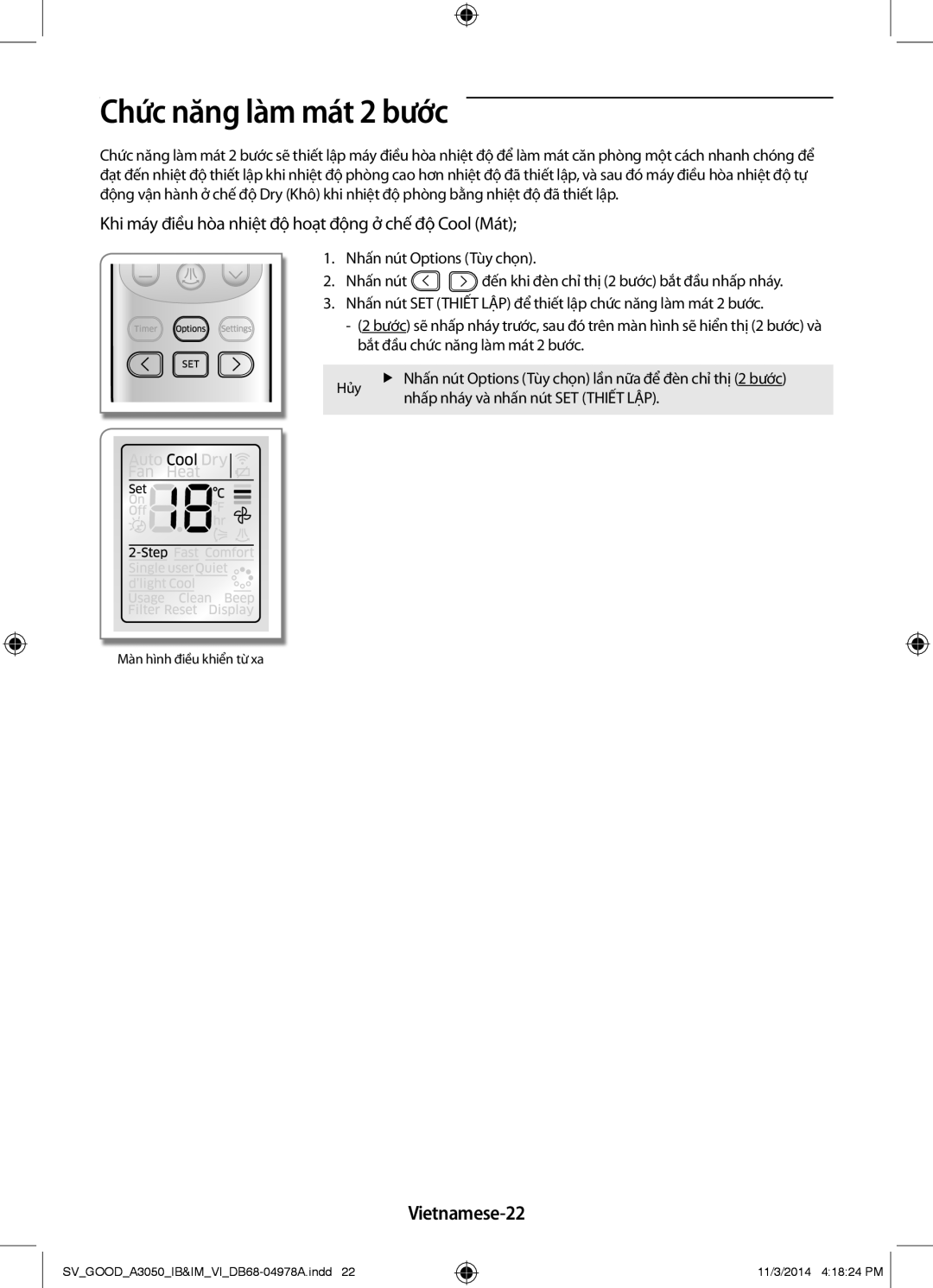 Samsung AR09JVFSBWKXSV, AR09JVFSBWKNSV, AR12JVFSBWKNSV Chức năng làm mát 2 bước, Vietnamese-22, Nhấn nút Options Tùy chọn 