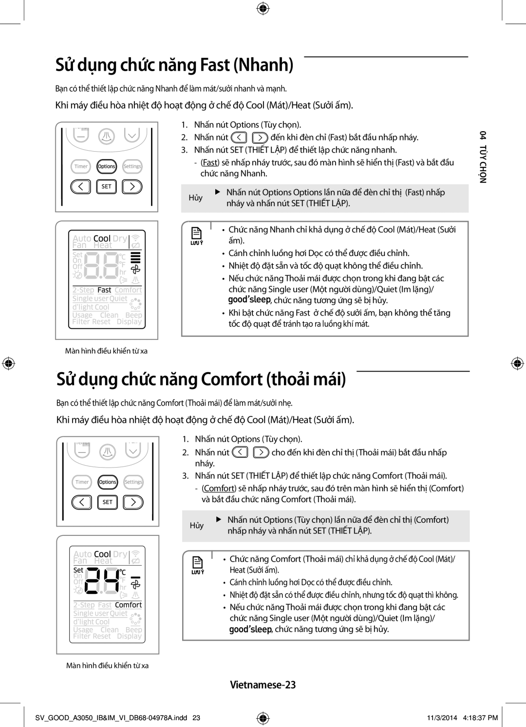 Samsung AR12JVFSBWKXSV manual Sử dụng chức năng Fast Nhanh, Sử dụng chức năng Comfort thoải mái, Vietnamese-23, Chọ04 tùy 