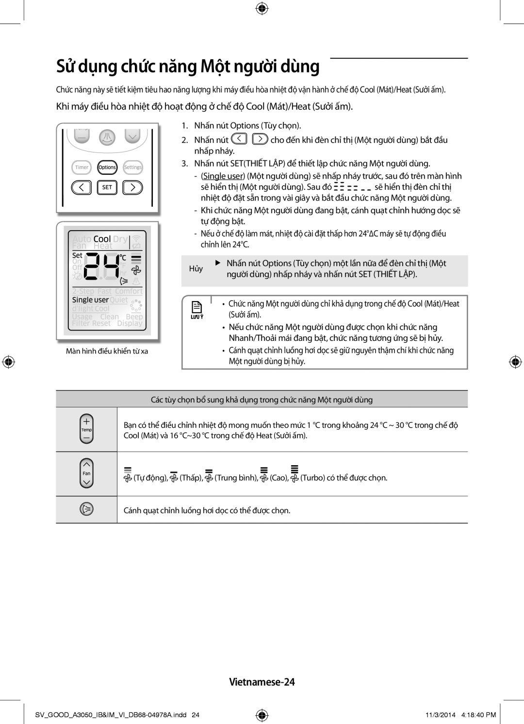 Samsung AR09JVFSBWKNSV, AR12JVFSBWKNSV, AR09JVFSBWKXSV, AR12JVFSBWKXSV manual Sử dụng chức năng Một người dùng, Vietnamese-24 