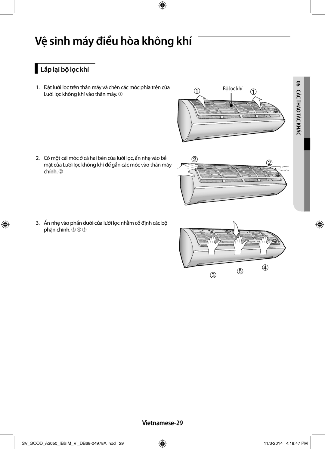 Samsung AR12JVFSBWKNSV manual Lắp lại bộ lọc khí, Vietnamese-29, Đặt lưới lọc trên thân máy và chèn các móc phía trên của 