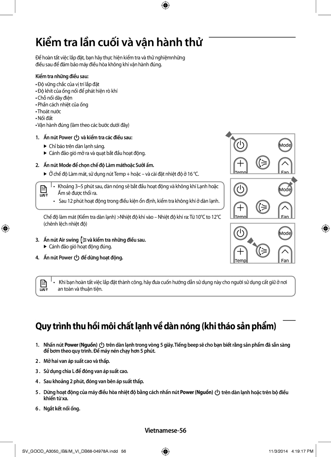 Samsung AR09JVFSBWKNSV, AR12JVFSBWKNSV, AR09JVFSBWKXSV, AR12JVFSBWKXSV manual Kiểm tra lần cuối và vận hành thử, Vietnamese-56 